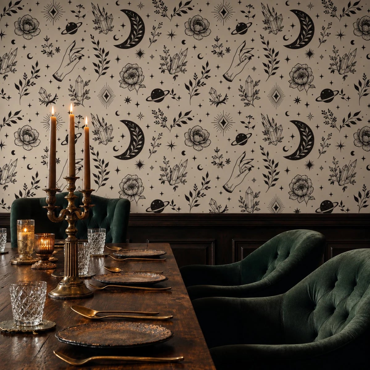 Close-up of the Mystic Crescent Flora artwork at printed scale