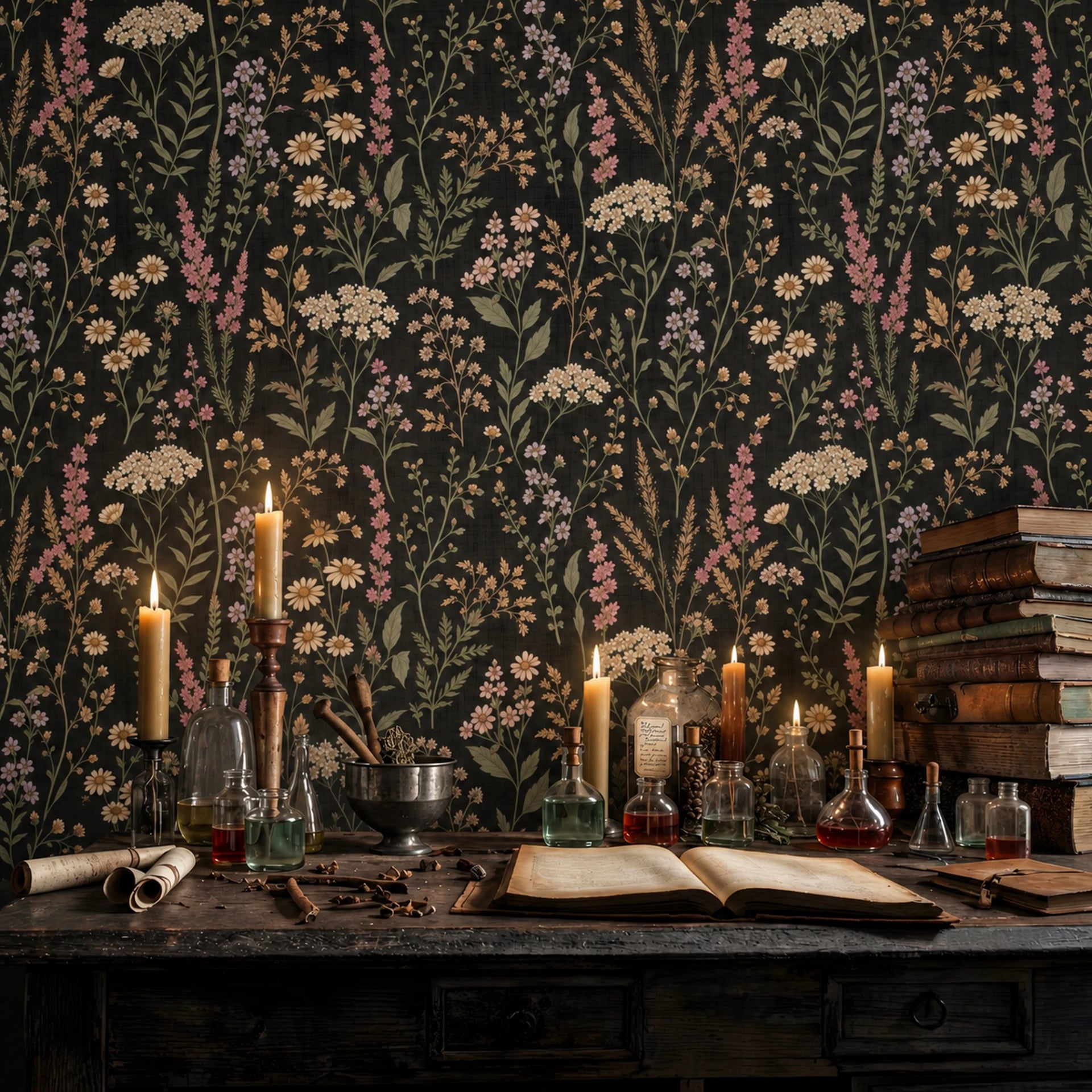 Papier peint panoramique Prairie sauvage de minuit présenté dans un intérieur décoré, vue 2