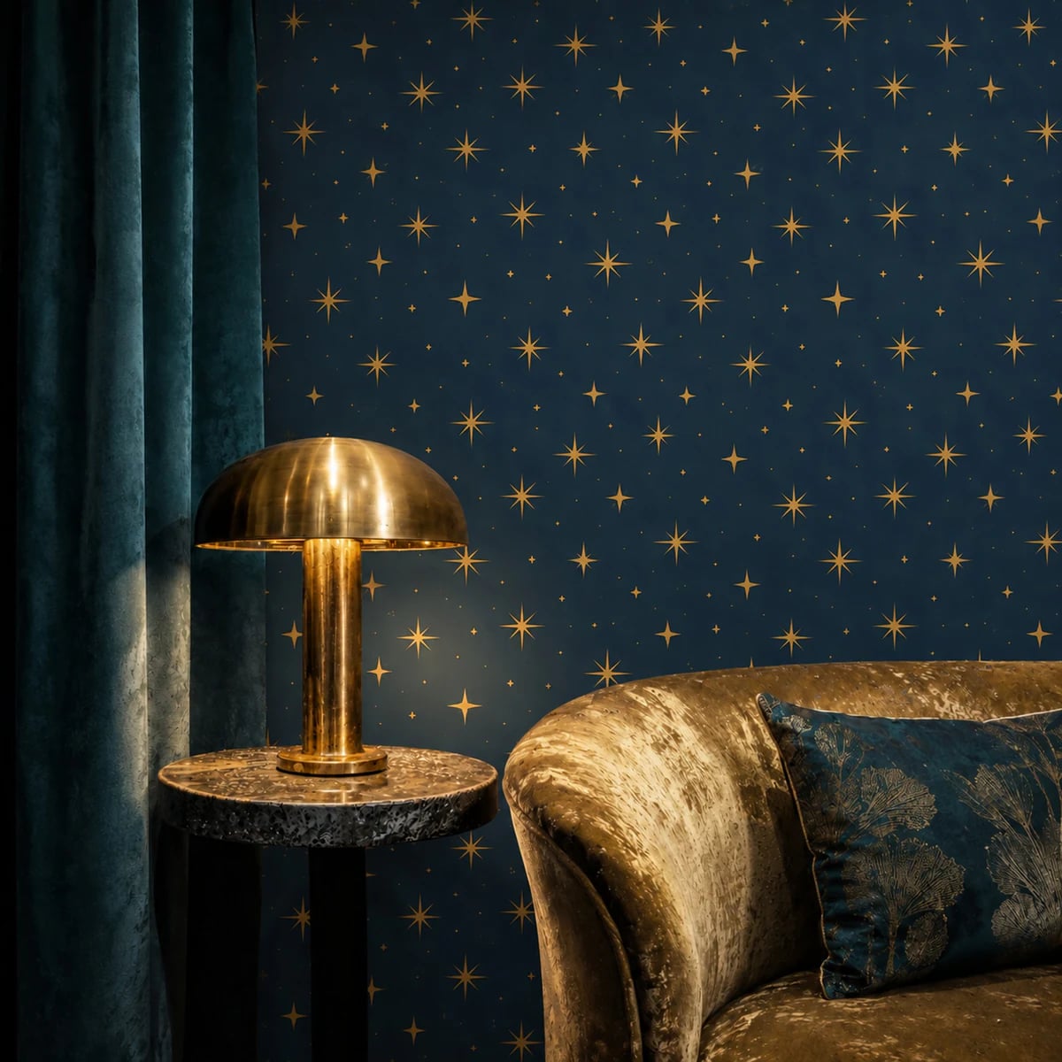 Gros plan sur le motif Éclat d'étoiles bleu nuit à l'échelle d'impression