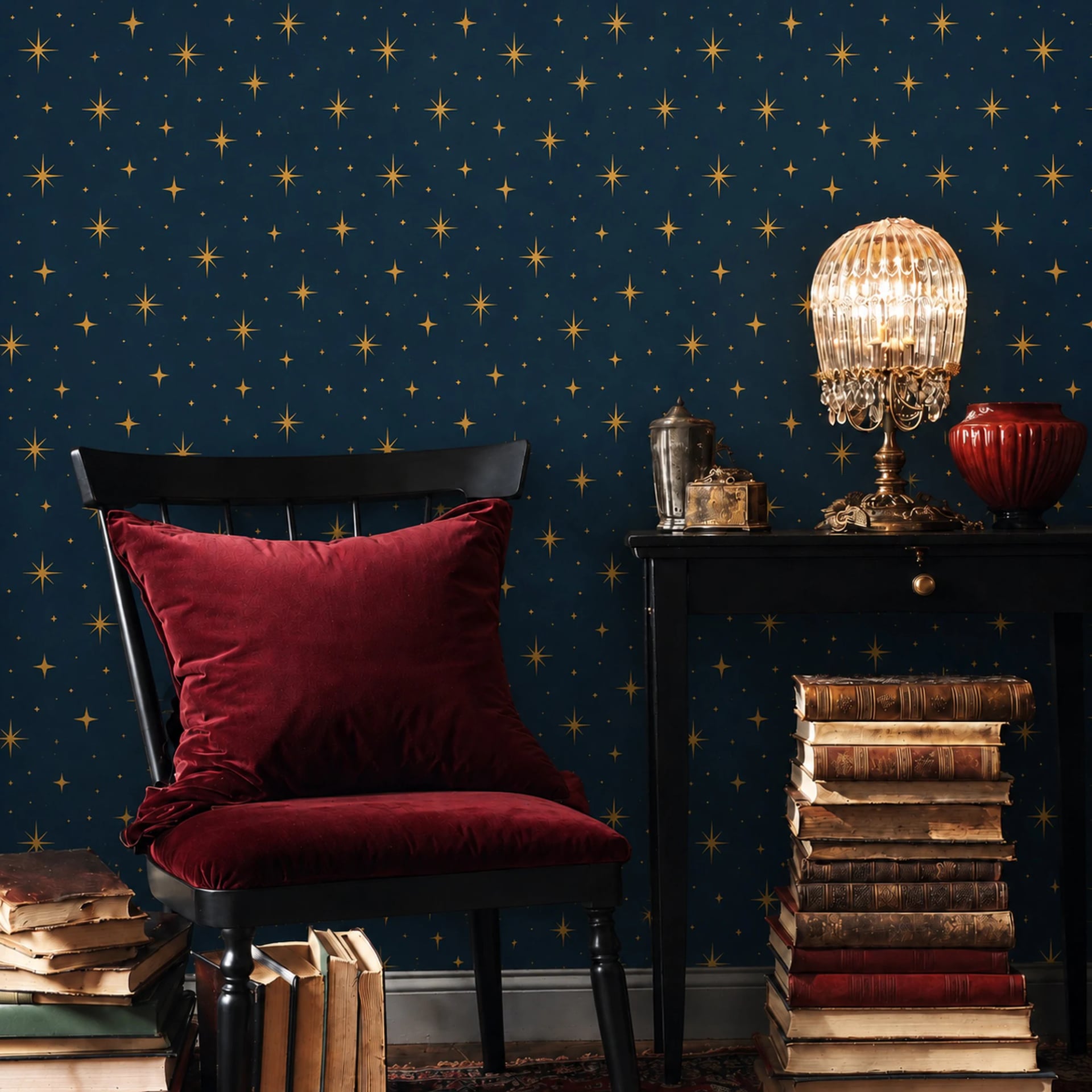 Papier peint panoramique Éclat d'étoiles bleu nuit présenté dans un intérieur décoré, vue 2