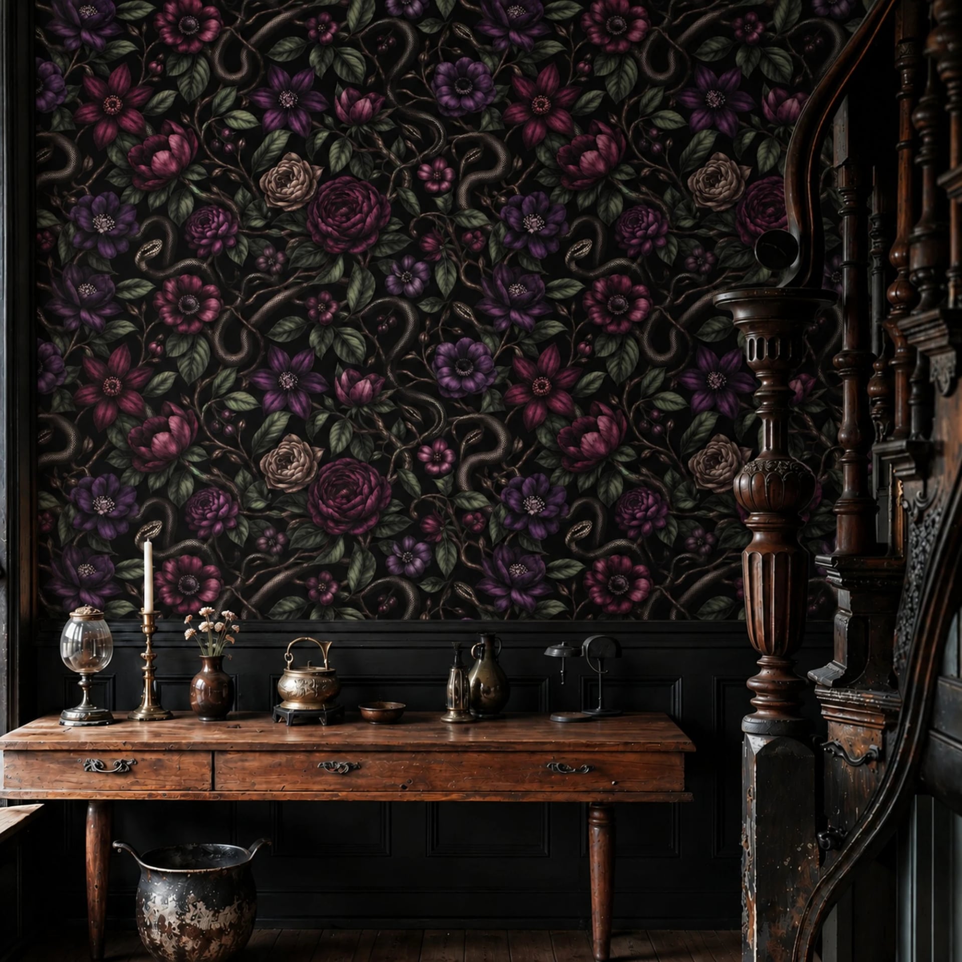 Midnight Serpent Bloom wall mural shown in a styled interior, view 2
