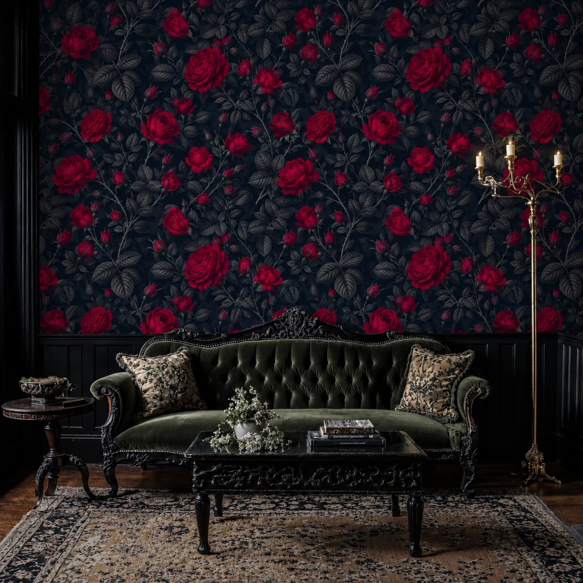 Crimson Rose Damask wall mural shown in a styled interior, view 2
