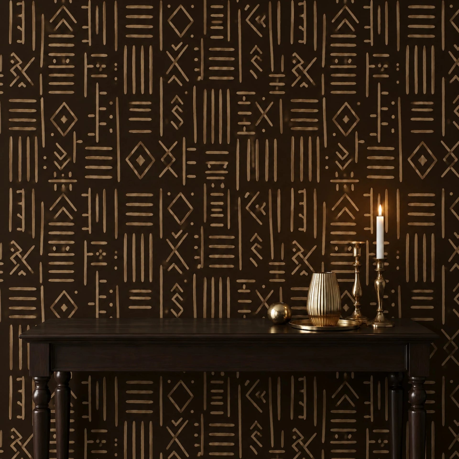 Ochre Mudcloth Marks wall mural shown in a styled interior, view 2