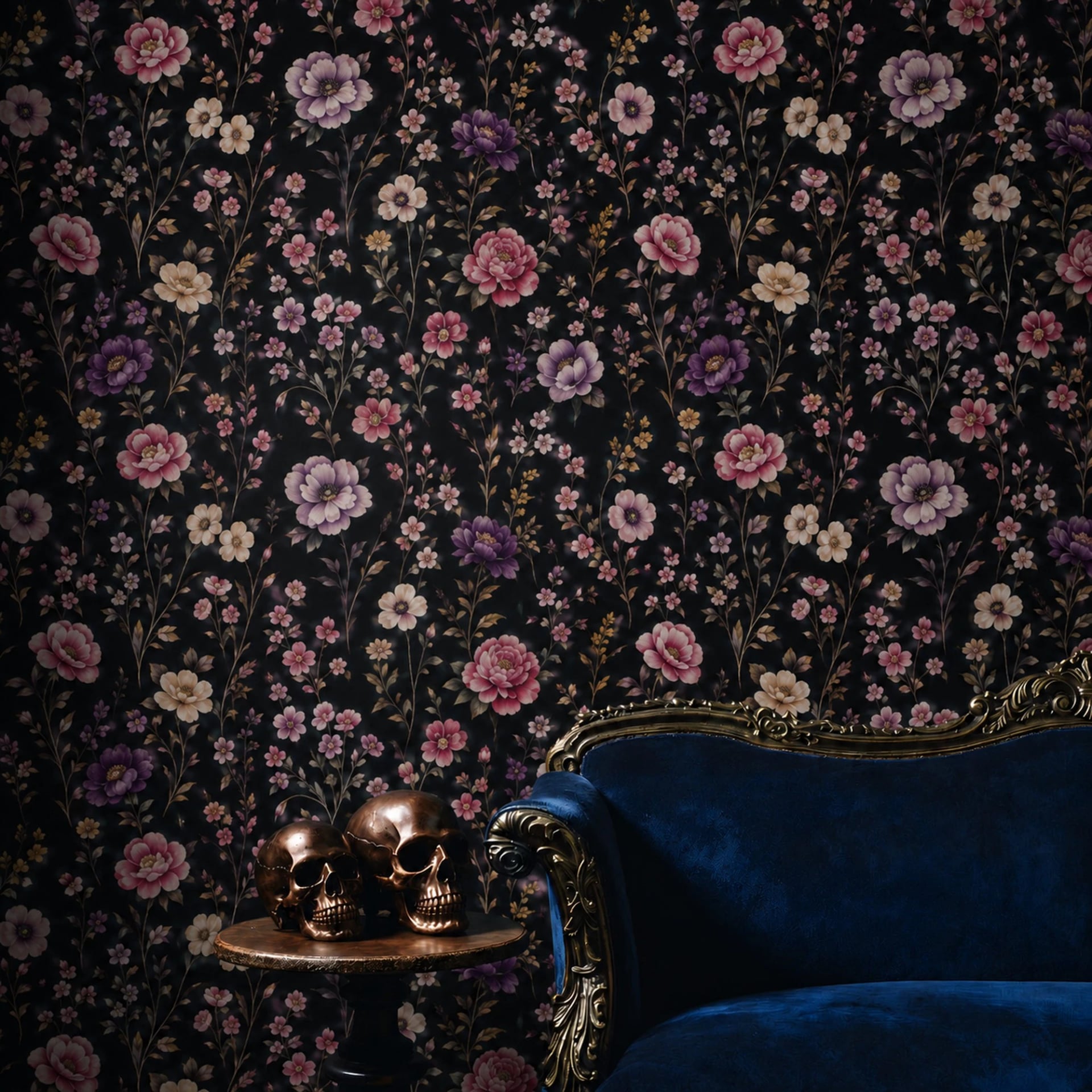 Midnight Peony Meadow wall mural shown in a styled interior, view 2