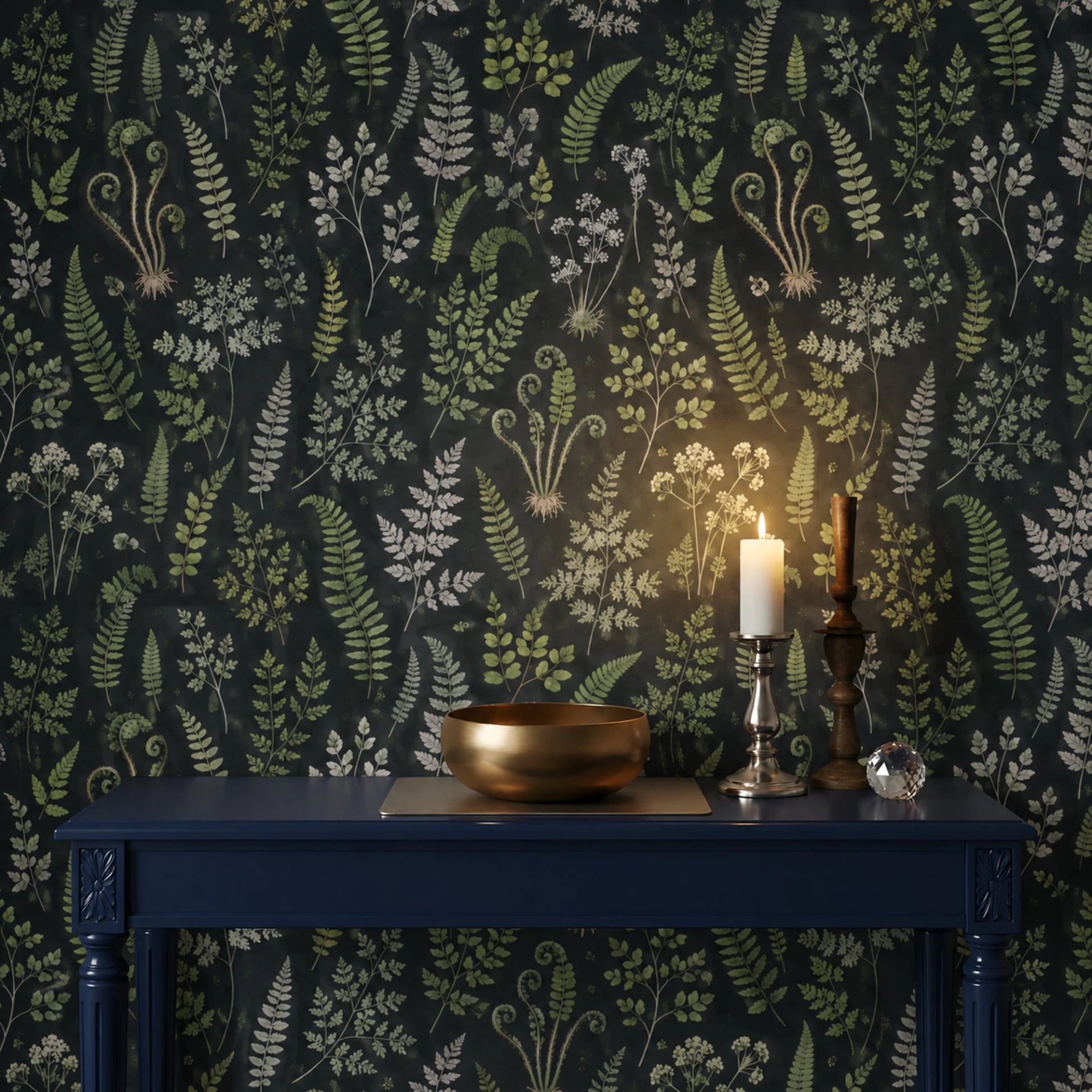 Midnight Forest Ferns wall mural shown in a styled interior, view 2