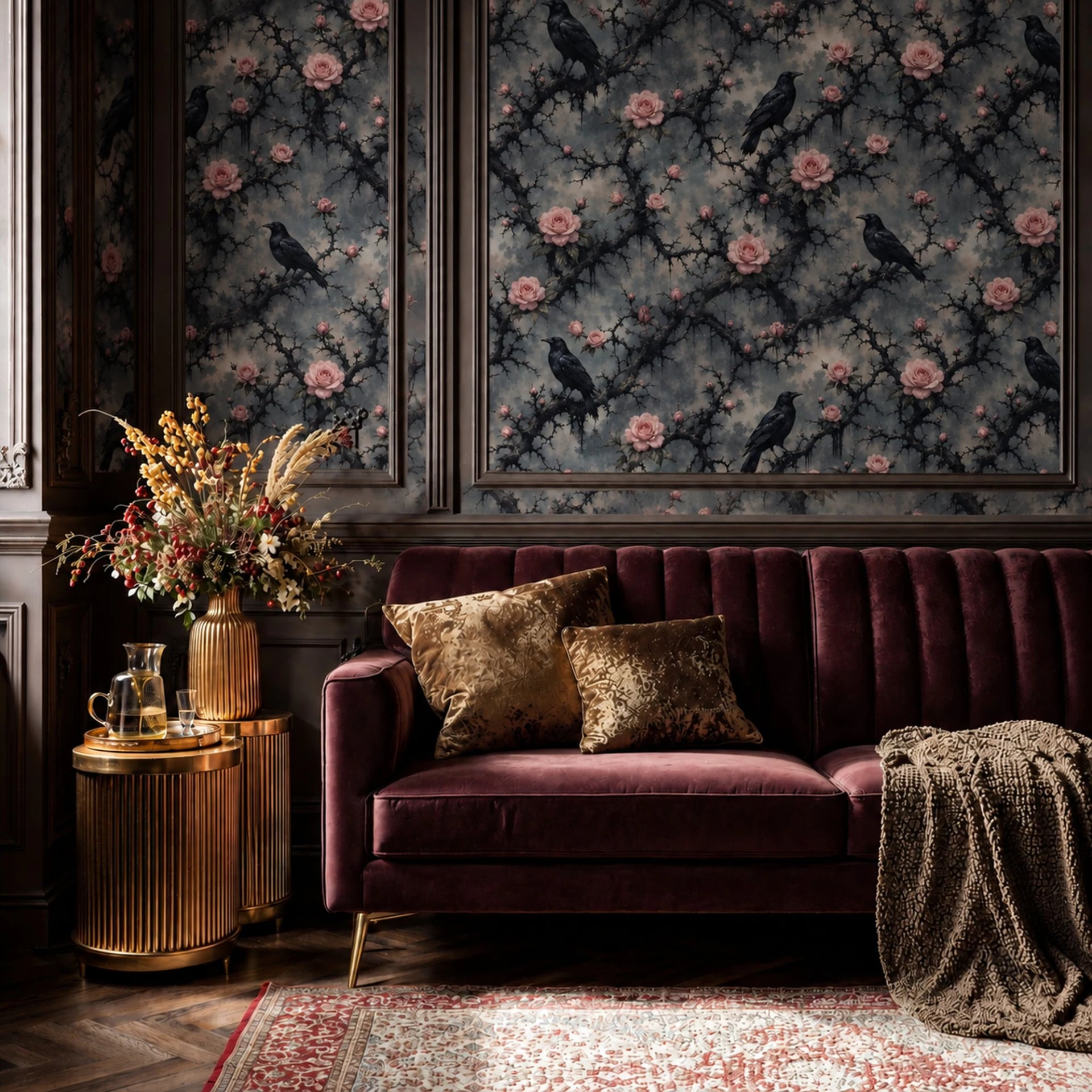 Raven Thorn Rose wall mural shown in a styled interior, view 2