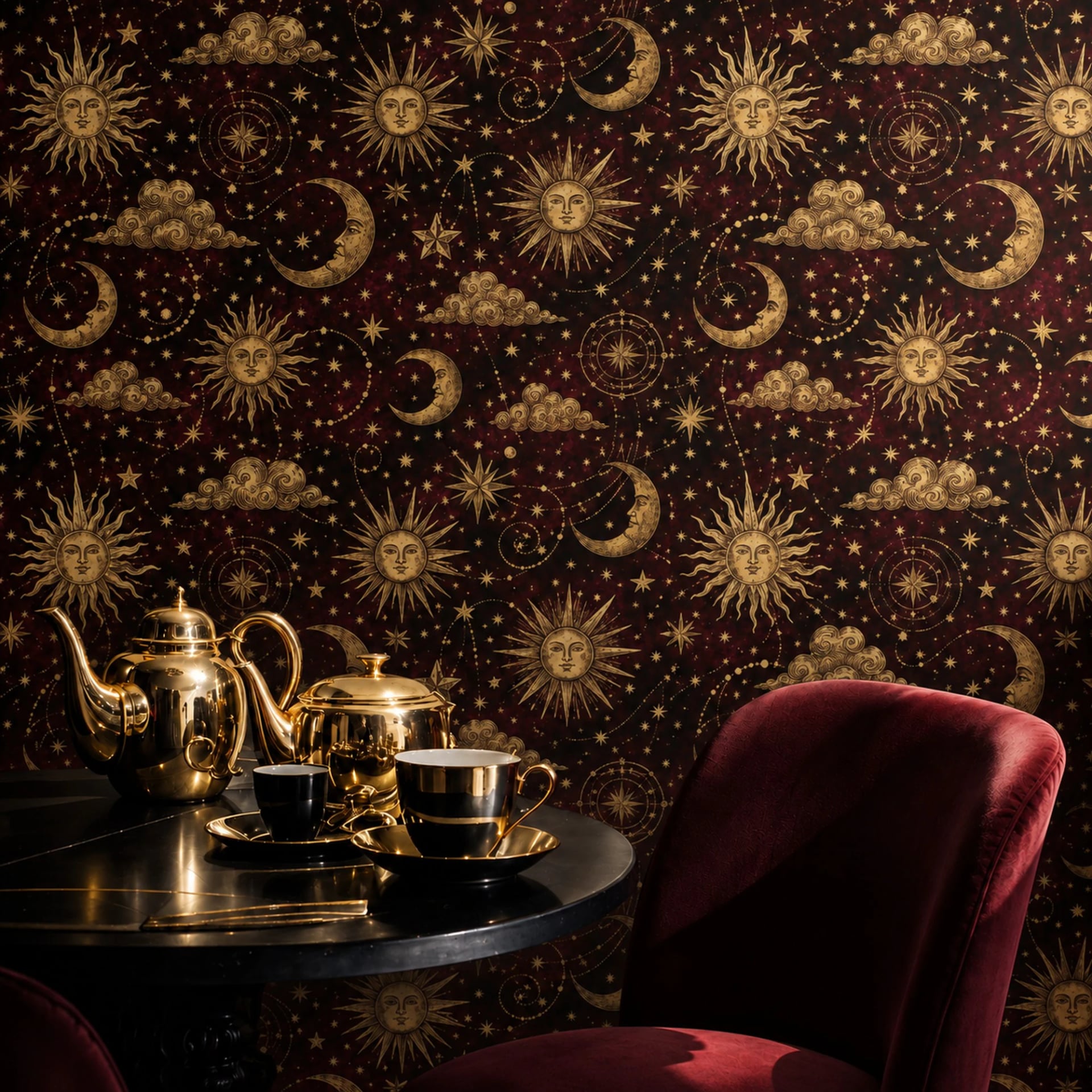Papier peint panoramique Ciel céleste carmin présenté dans un intérieur décoré, vue 2