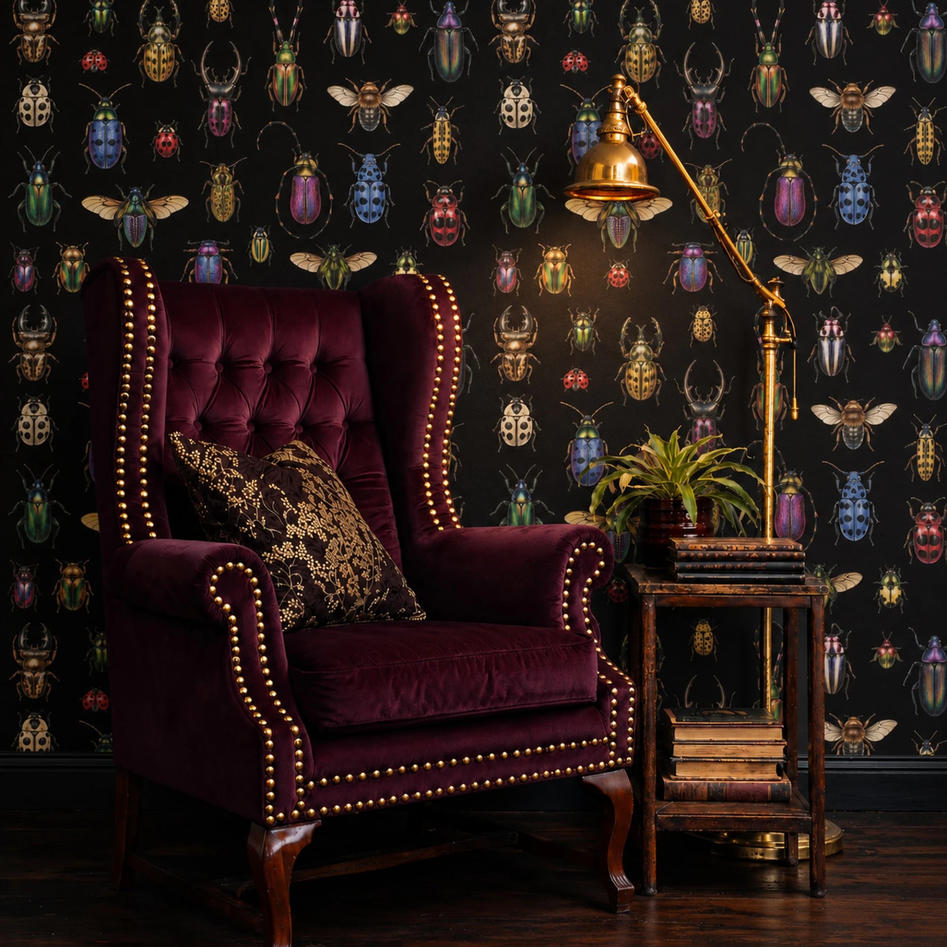 Curious Beetle Specimen wall mural shown in a styled interior, view 2