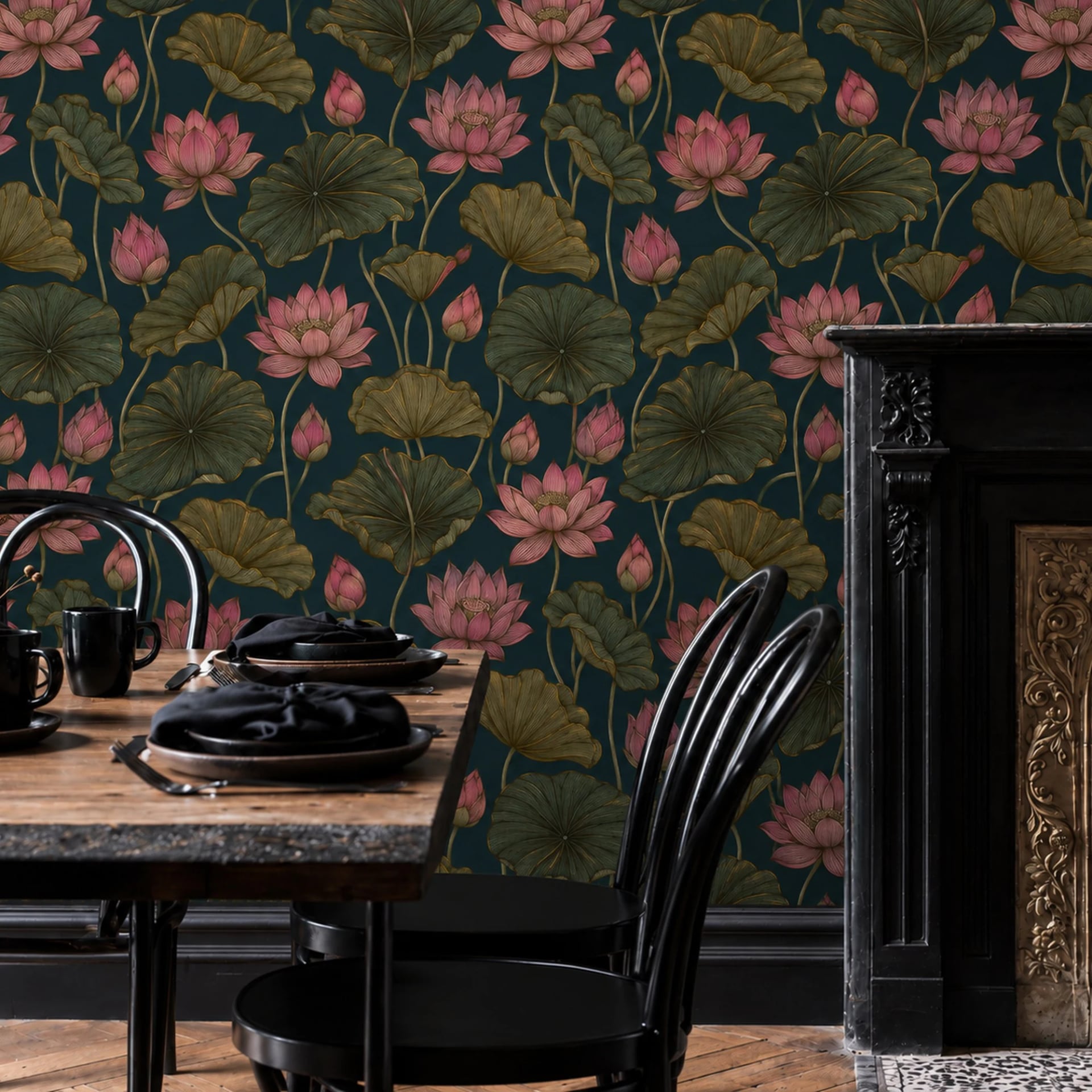 Moody Lotus Bloom wall mural shown in a styled interior, view 2