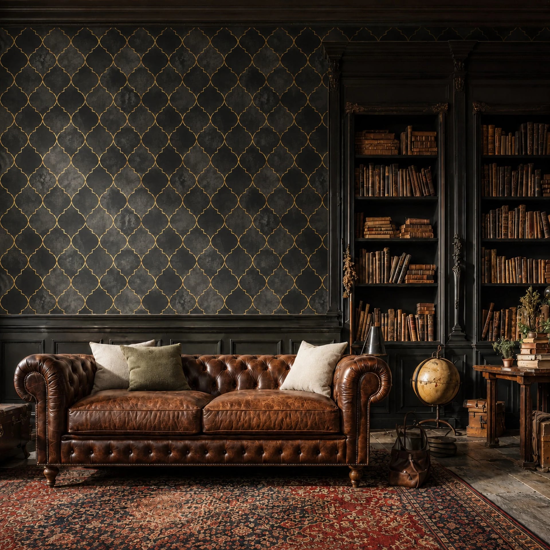 Charcoal Gold Trellis wall mural shown in a styled interior, view 2