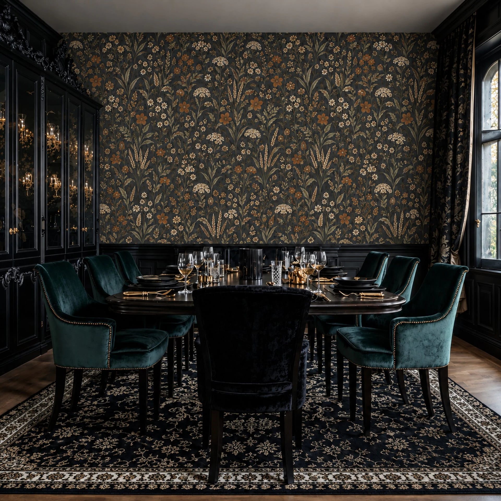 Moody Meadow Botanical wall mural shown in a styled interior, view 2