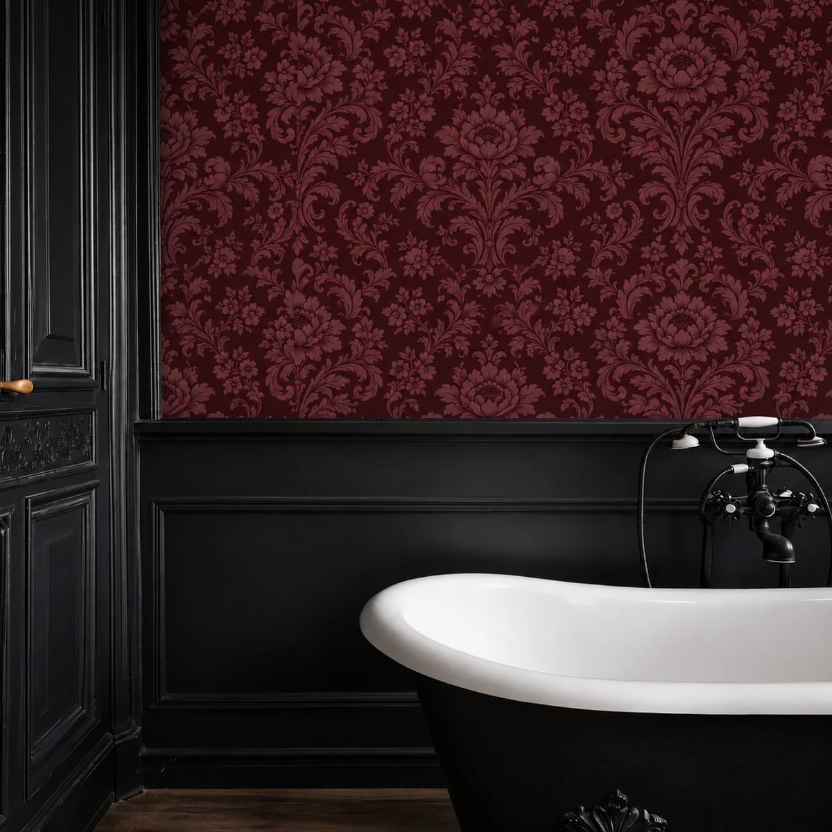Close-up of the Burgundy Baroque Damask artwork at printed scale