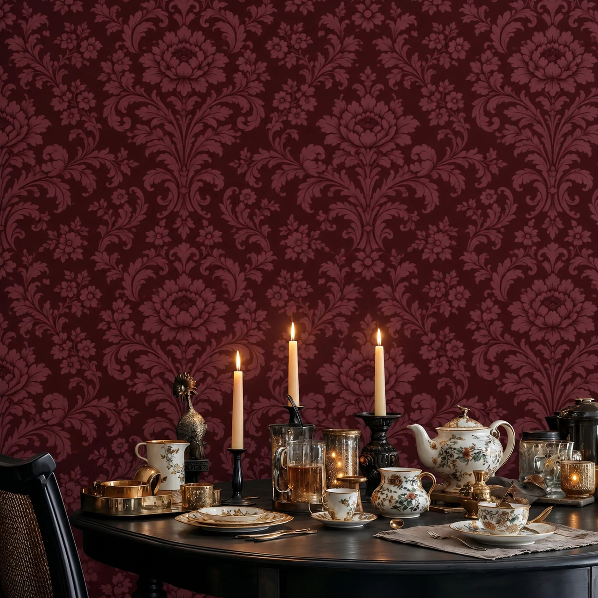 Burgundy Baroque Damask wall mural shown in a styled interior, view 2