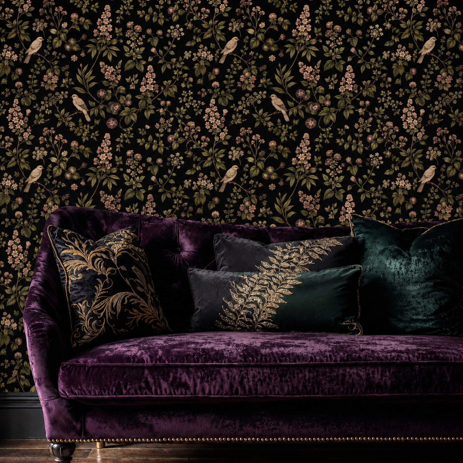 Nightingale Briar Noir wall mural shown in a styled interior, view 2