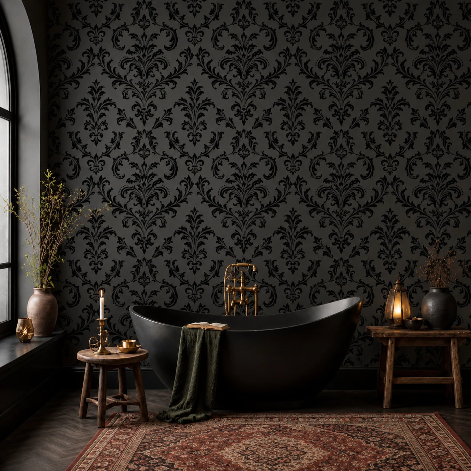 Victorian Noir Damask wall mural shown in a styled interior, view 2