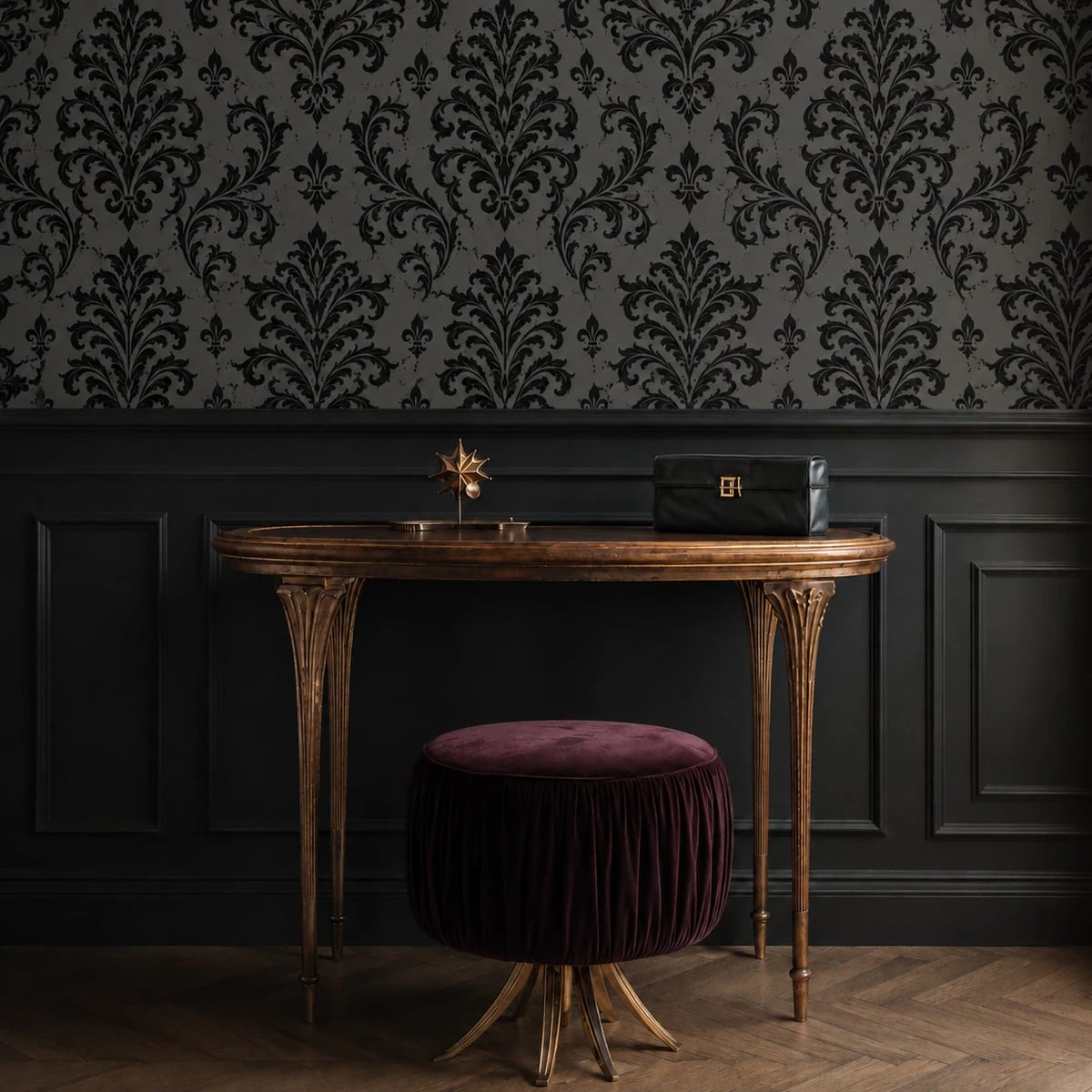 Close-up of the Black Gothic Damask artwork at printed scale