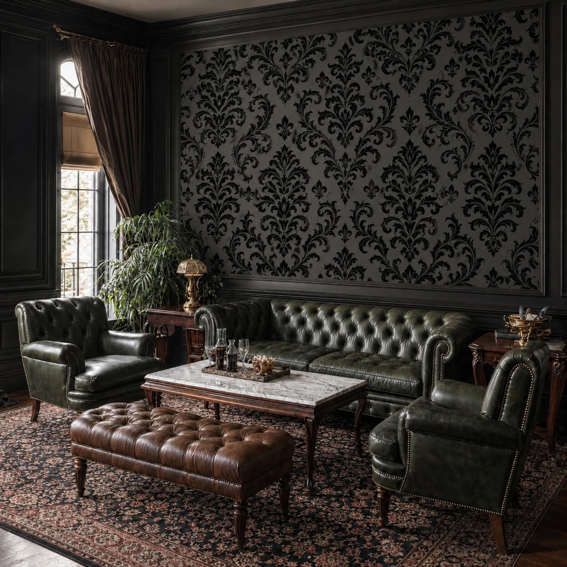 Black Gothic Damask wall mural shown in a styled interior, view 2