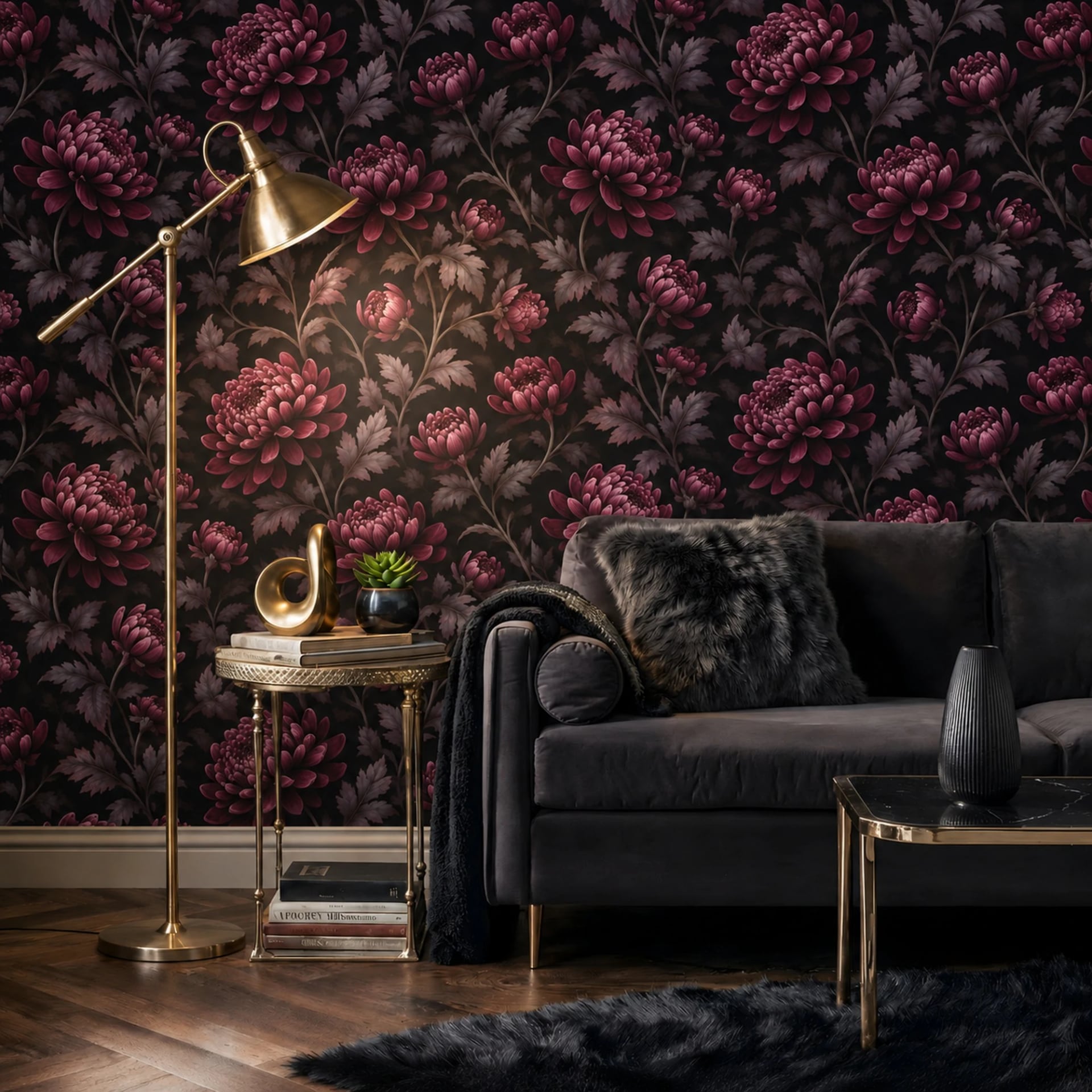 Midnight Chrysanthemum Bloom wall mural shown in a styled interior, view 2