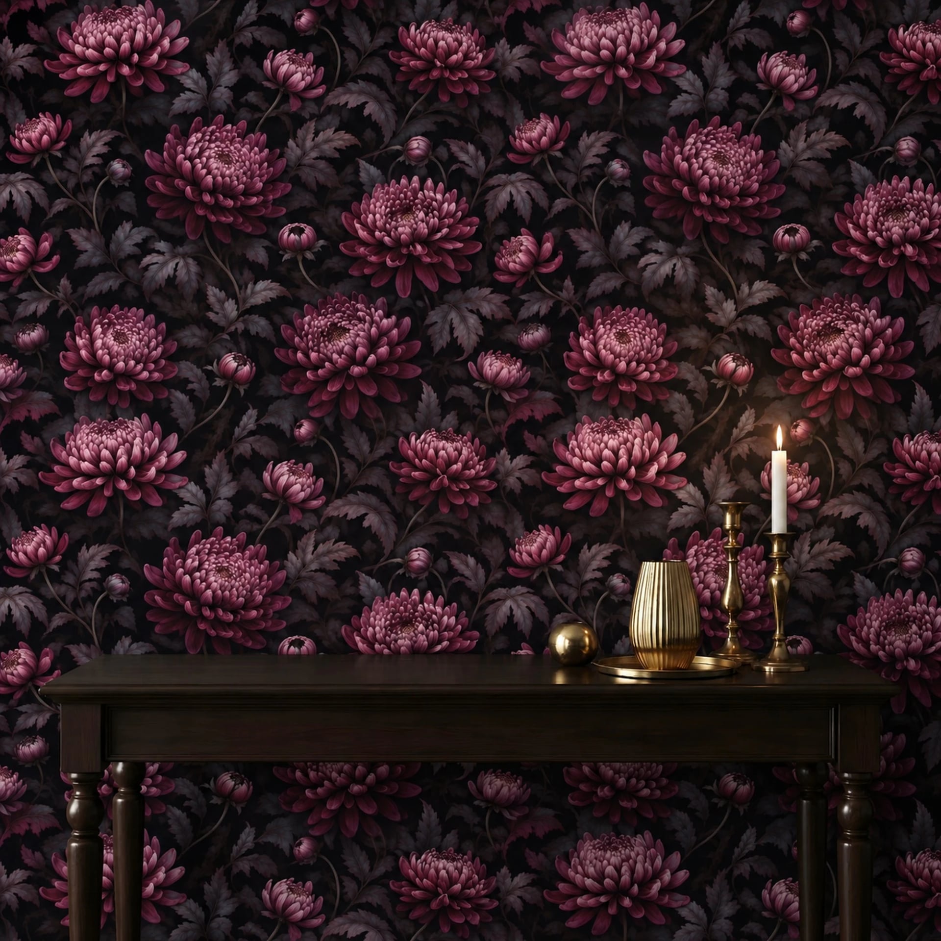 Dunkle Chrysanthemenblüte Fototapete in einem stilvoll eingerichteten Raum, Ansicht 2