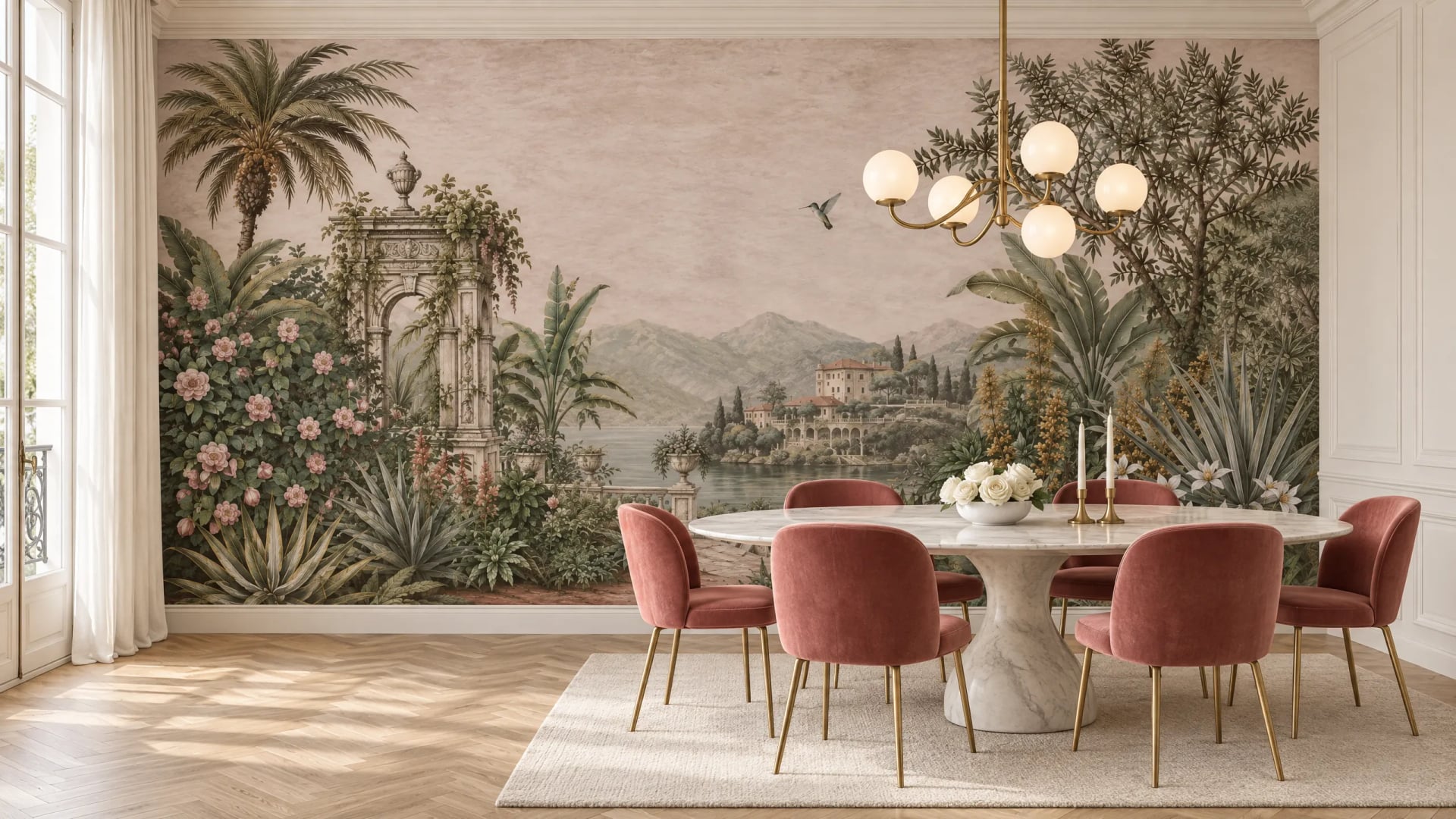 Panelli bir yemek odasında mermer yemek masasının arkasında Villa Balbianello Manzarası poster duvar kağıdı