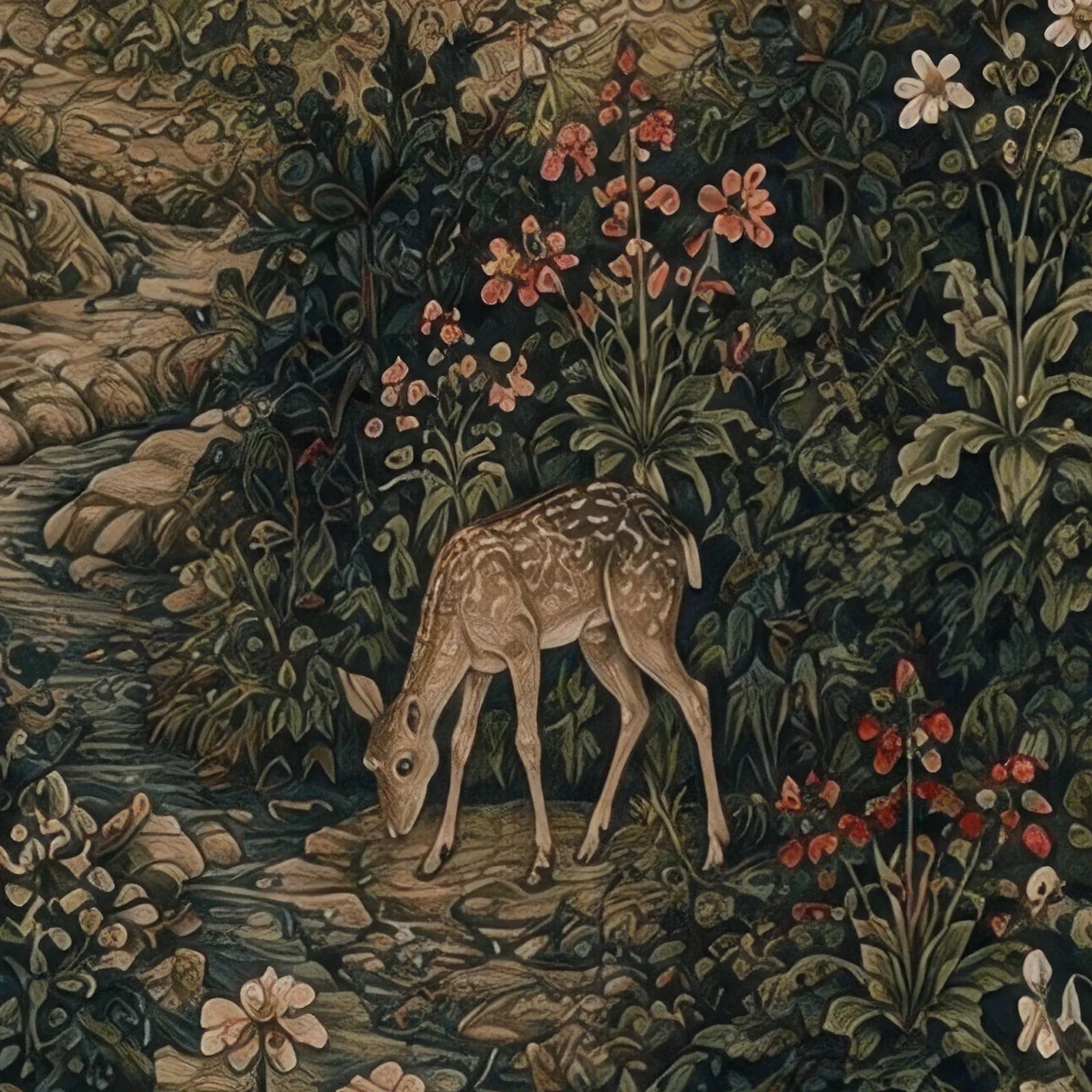 Ein geflecktes Rehkitz in einem kiesigen Bachlauf zwischen roten und weißen Blumen.