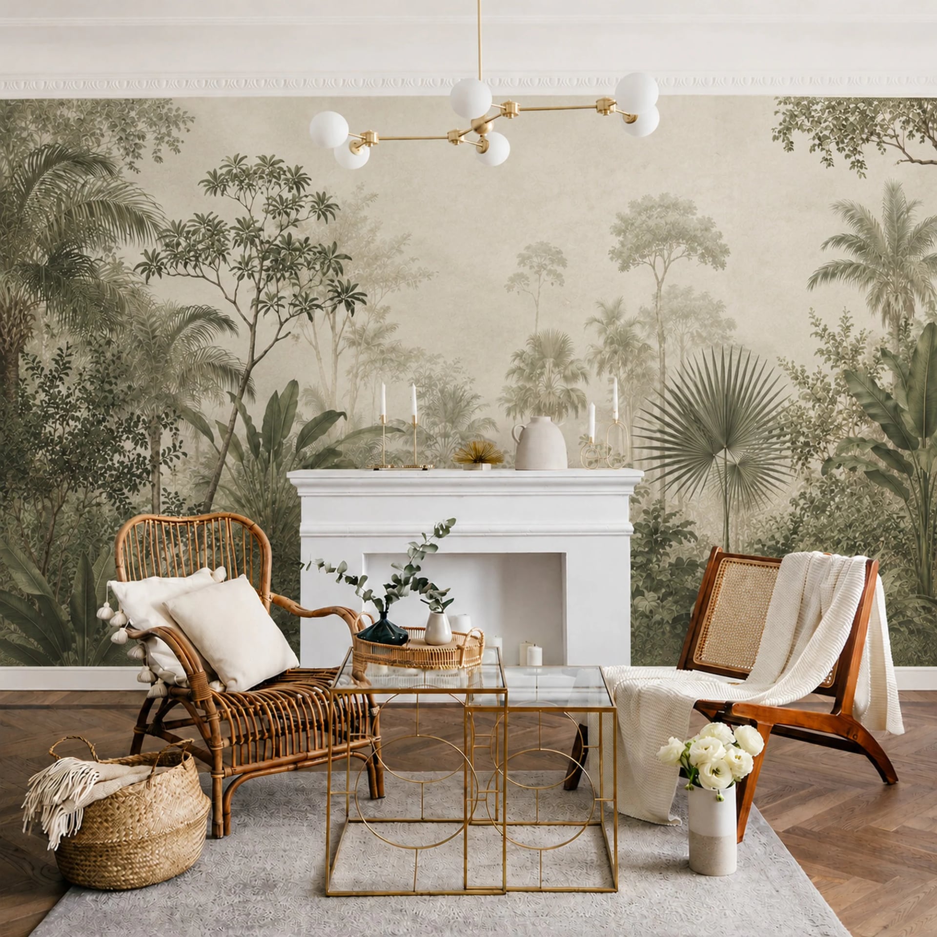 Muted Jungle Panorama wall mural shown in a styled interior, view 1