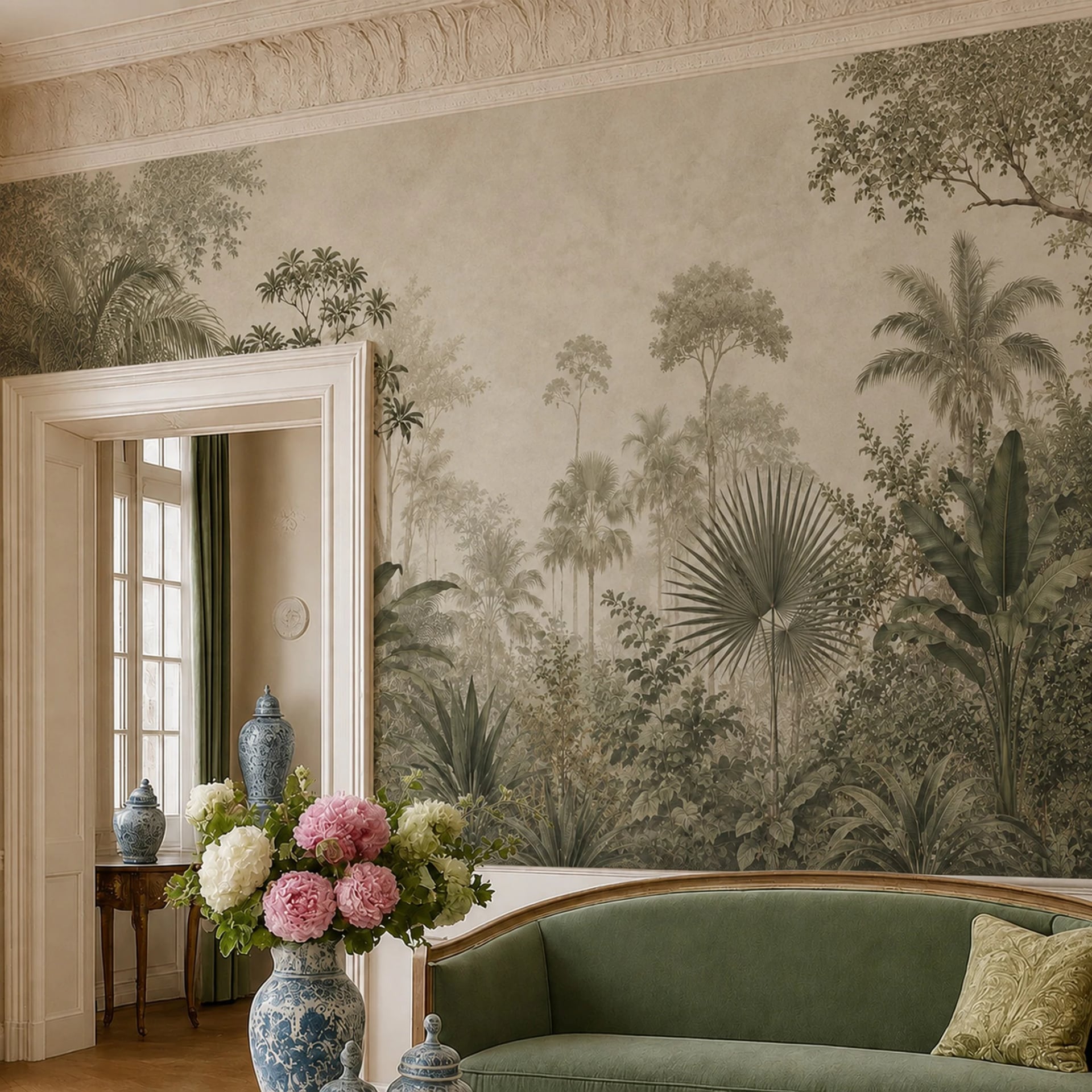 Muted Jungle Panorama wall mural shown in a styled interior, view 2