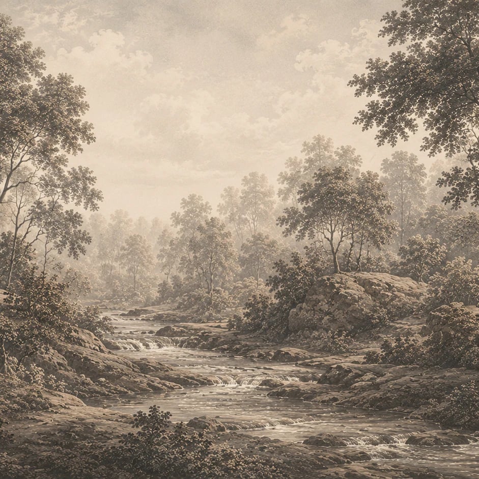 Nahaufnahme des Kunstwerks Vintage-Flusswald im Druckmaßstab