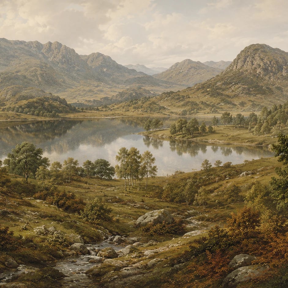 Primer plano del diseño Valle con lago de montaña a escala de impresión
