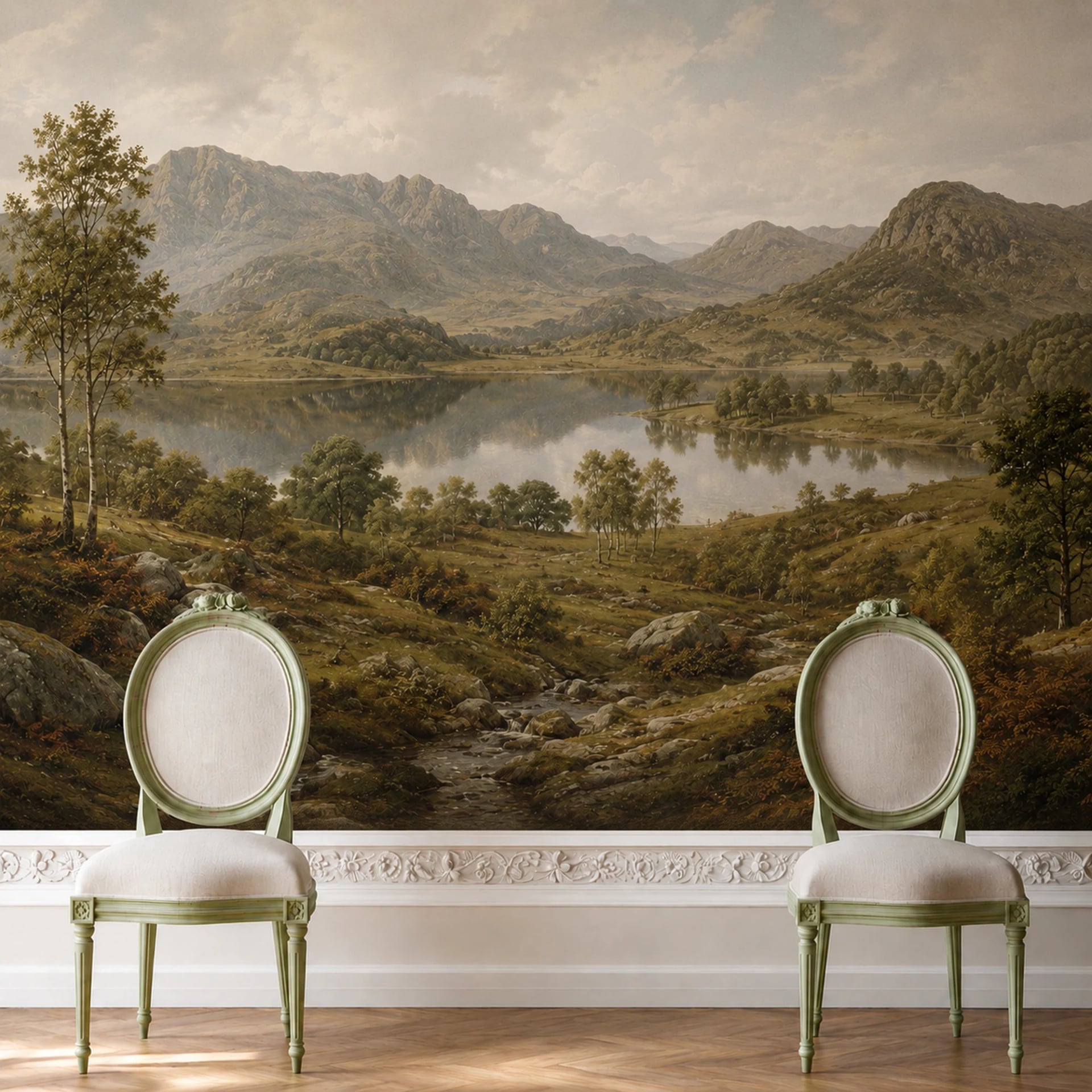 Fotomural Valle con lago de montaña en un interior decorado, vista 2