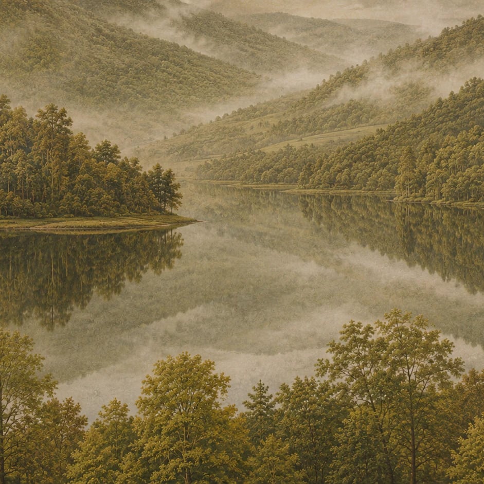 Close-up of the Misty Valley Lake artwork at printed scale