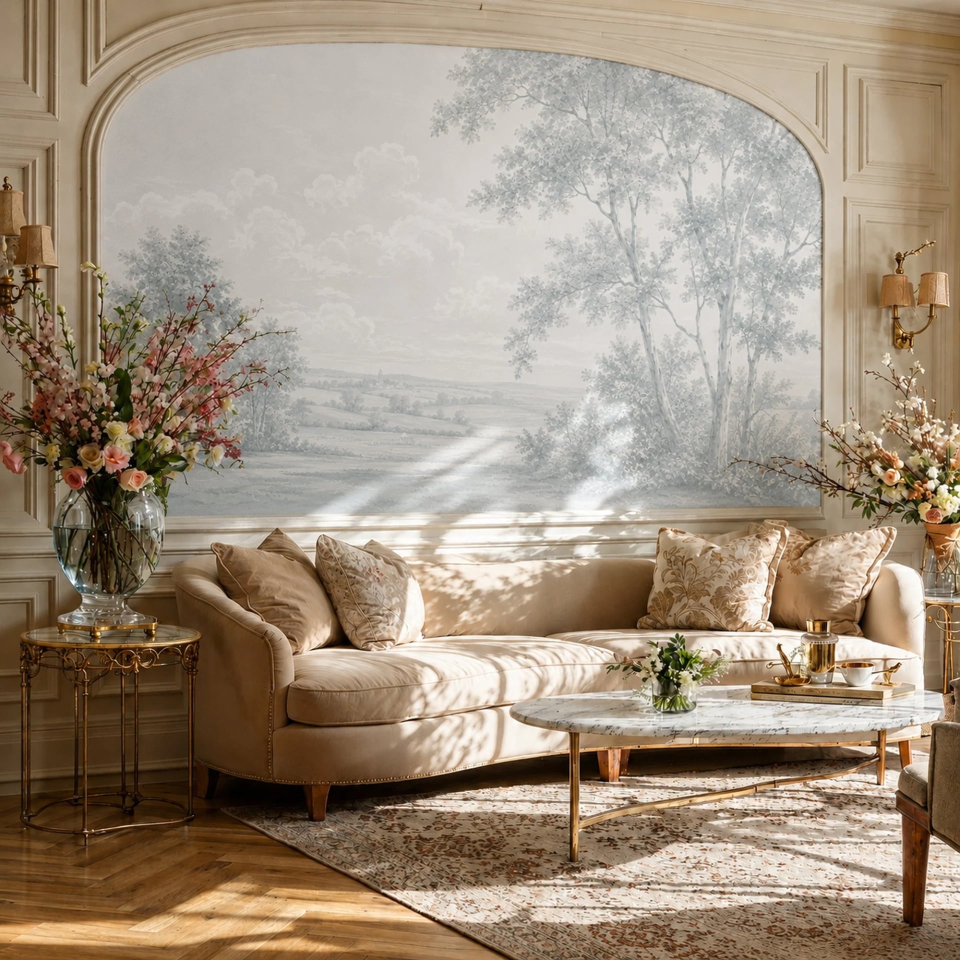 Pale Blue Countryside Etching wall mural shown in a styled interior, view 2