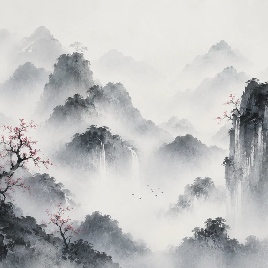 Close-up of the Misty Ink Peaks artwork at printed scale