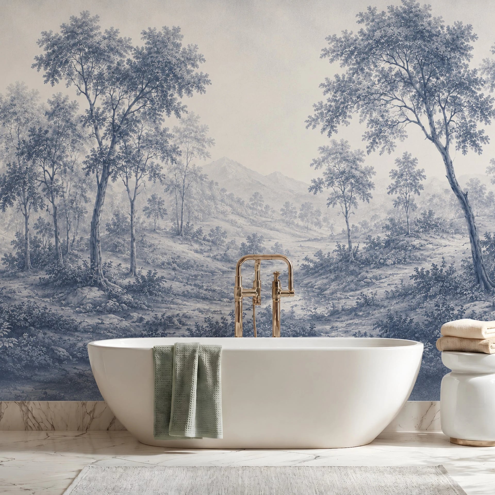 Blue Pastoral Valley wall mural shown in a styled interior, view 2