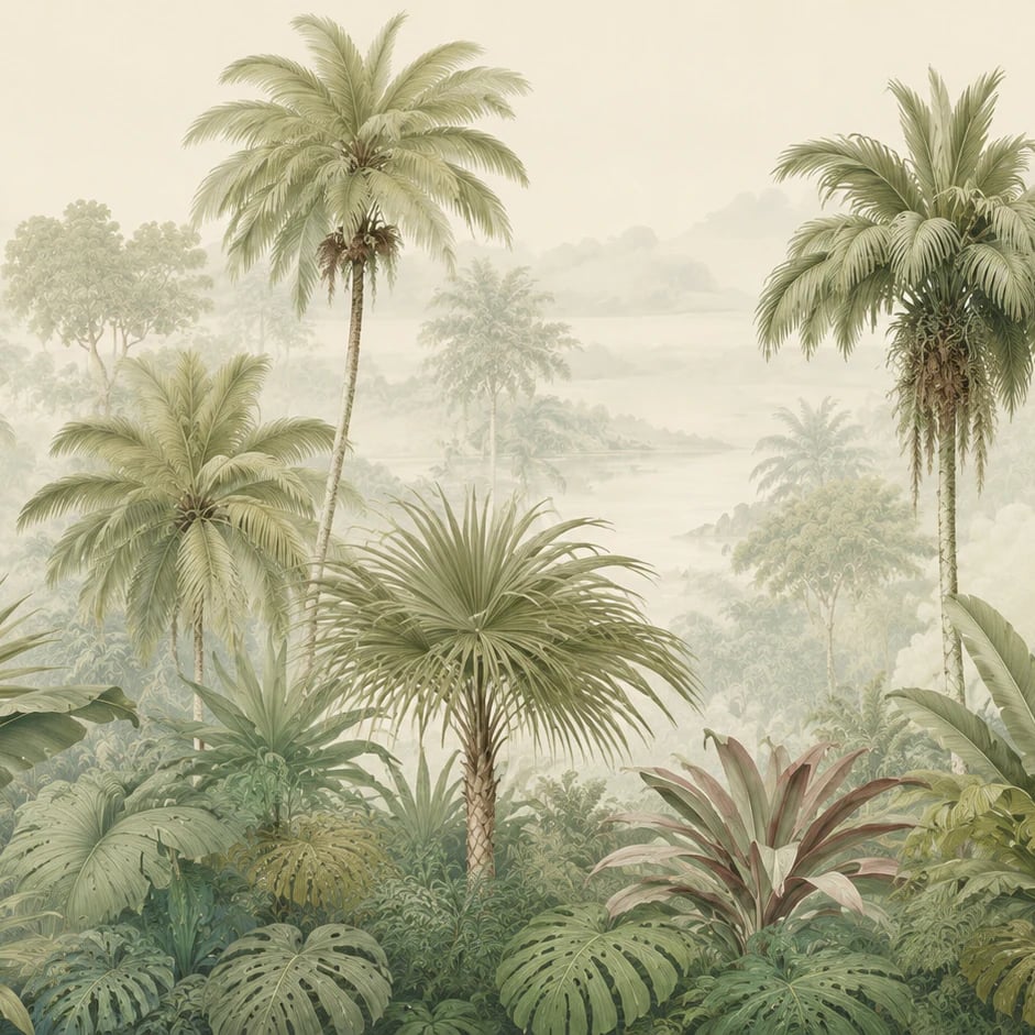 Close-up of the Misty Palm Grove artwork at printed scale