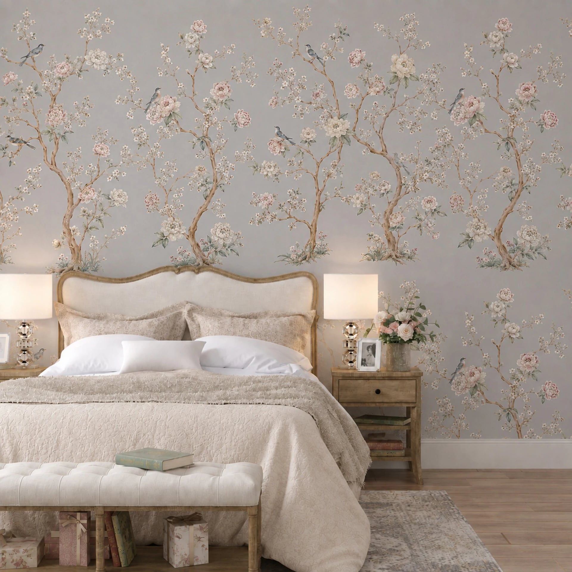 Papier peint panoramique Chinoiserie au passereau branché présenté dans un intérieur décoré, vue 2