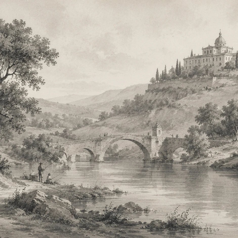 Nahaufnahme des Kunstwerks Hügelvilla am Fluss im Druckmaßstab
