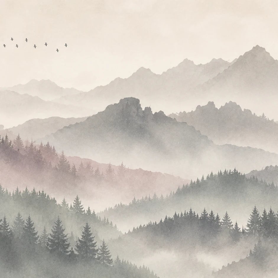 Close-up of the Misty Pine Ridge artwork at printed scale