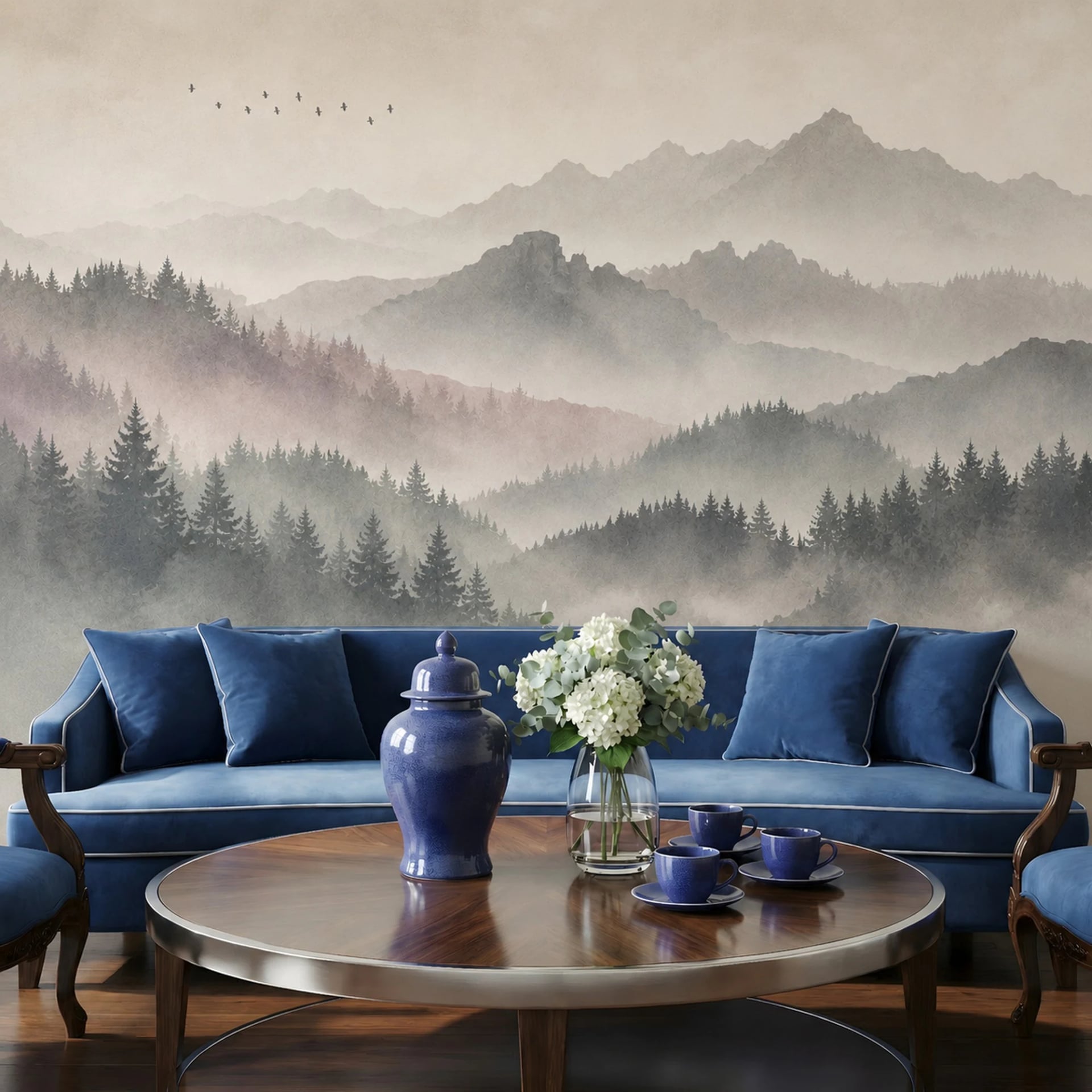 Misty Pine Ridge wall mural shown in a styled interior, view 2