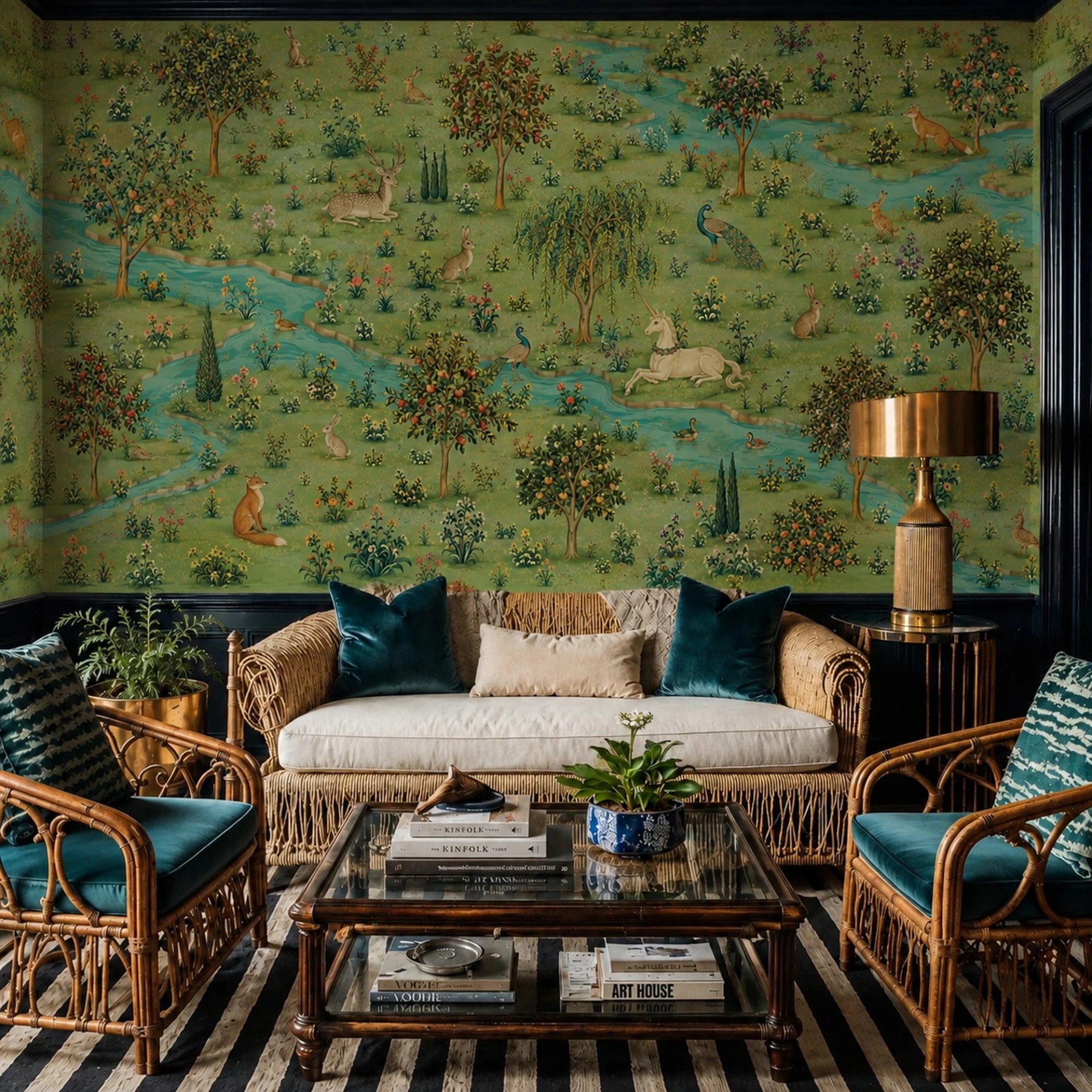 Medieval Unicorn Tapestry wall mural shown in a styled interior, view 2
