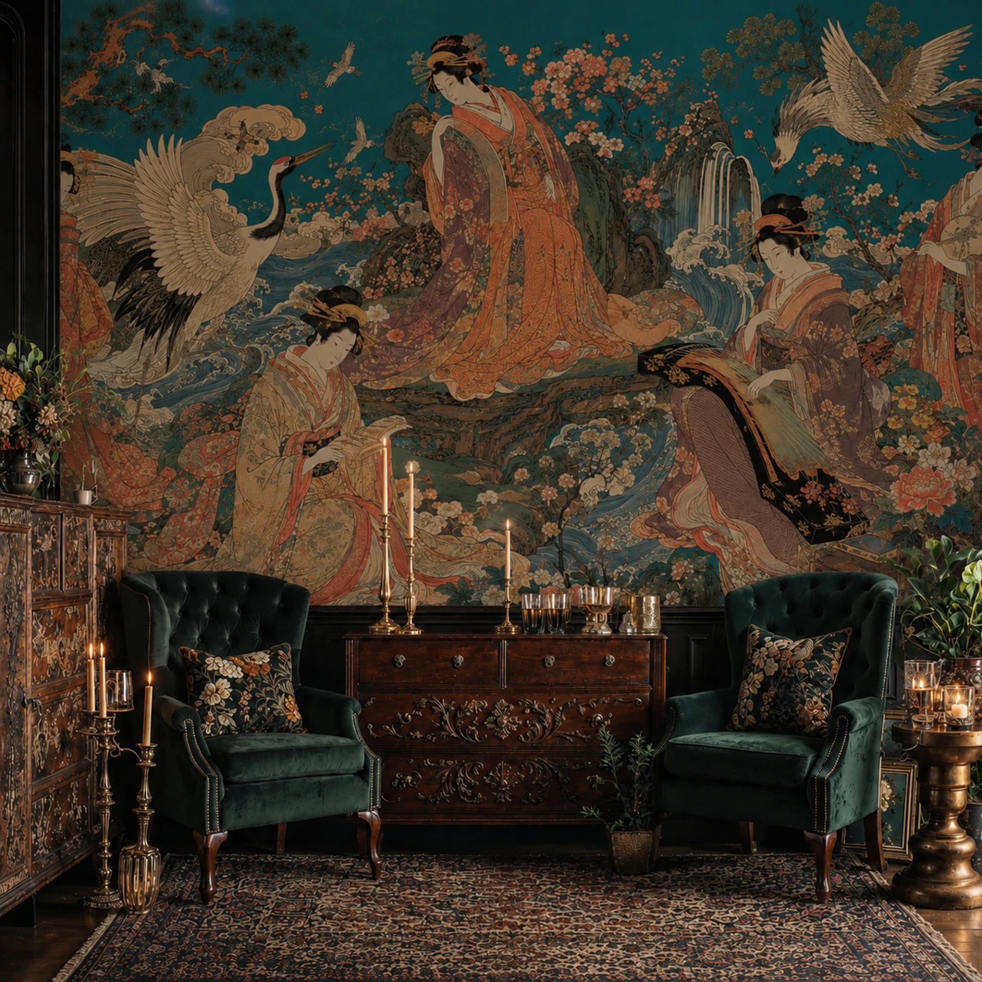 Imperial Geisha Serenade wall mural shown in a styled interior, view 2