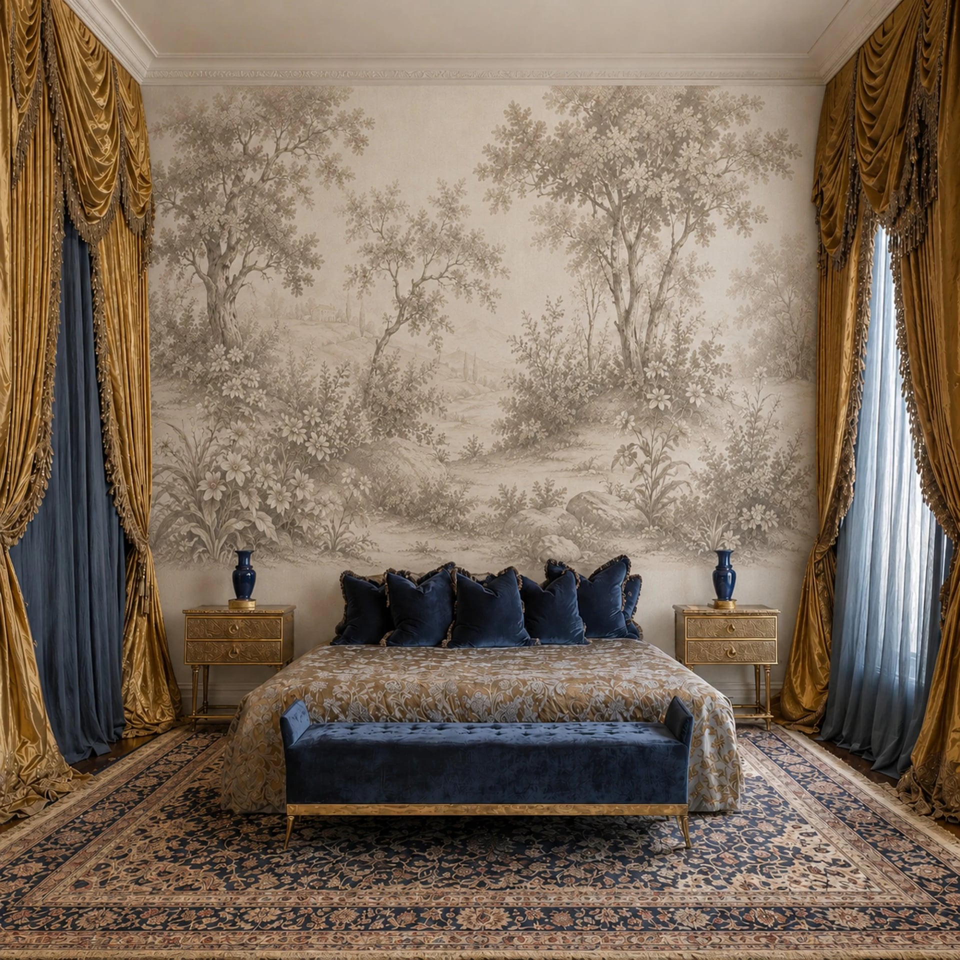 Bucolic Meadow Sketch wall mural shown in a styled interior, view 2