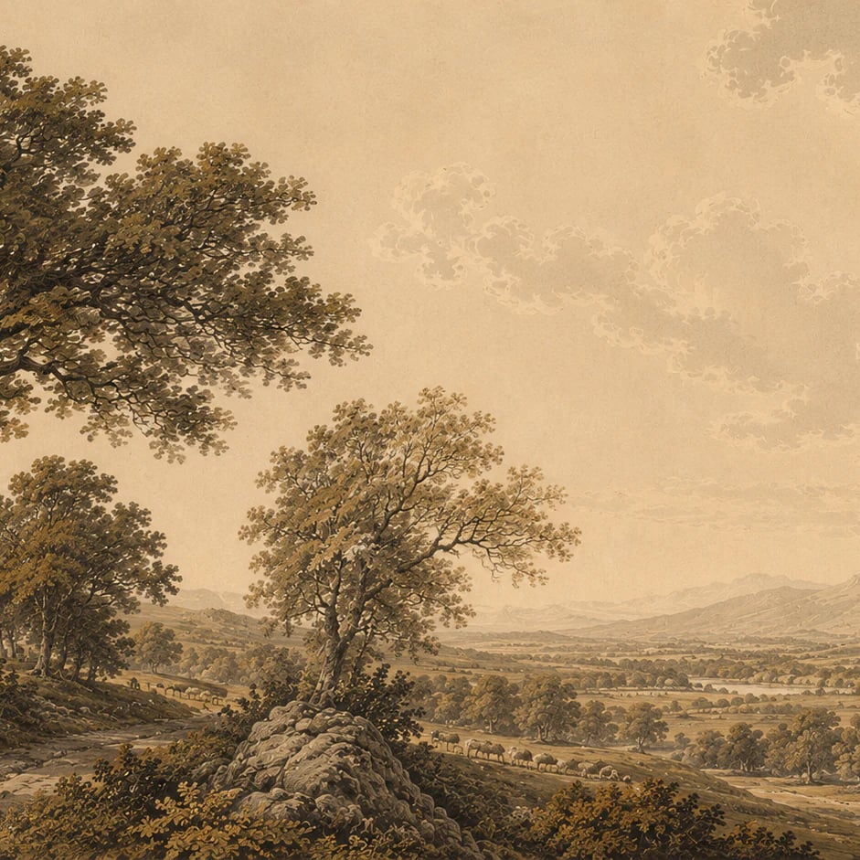 Close-up of the Sepia Oak Valley artwork at printed scale