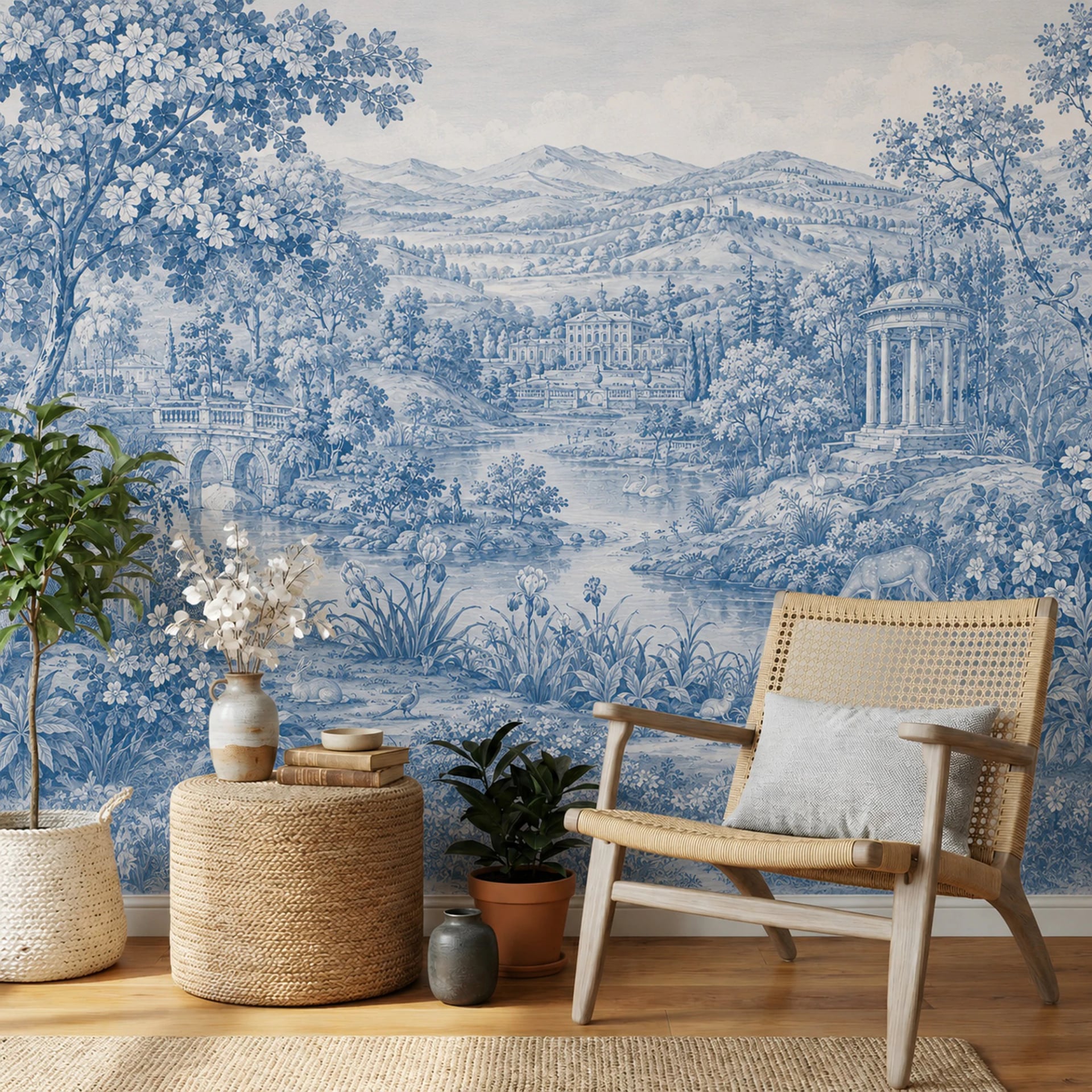 Fotomural Toile de castillo junto al lago en un interior decorado, vista 2