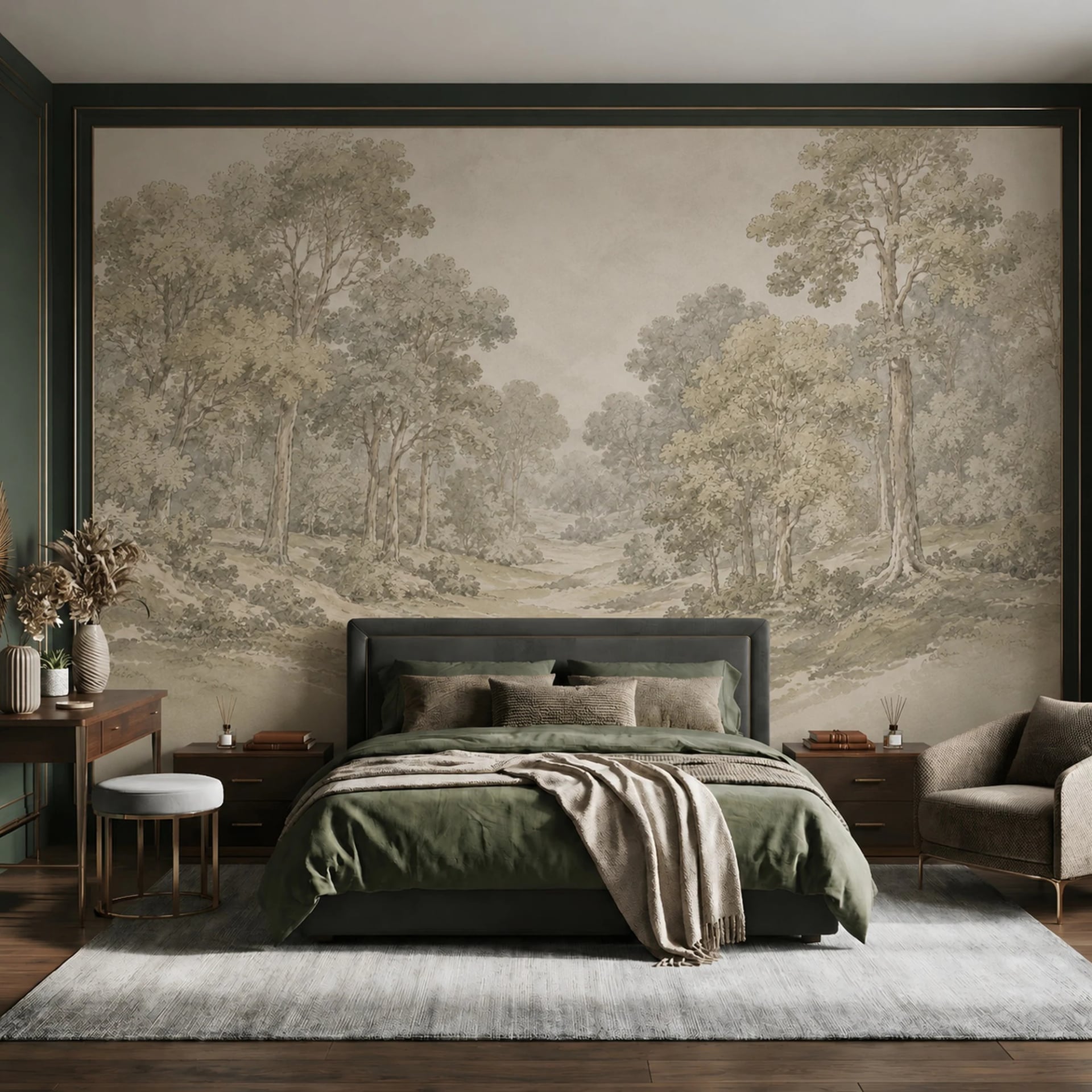 Oak Glade Sketch wall mural shown in a styled interior, view 2