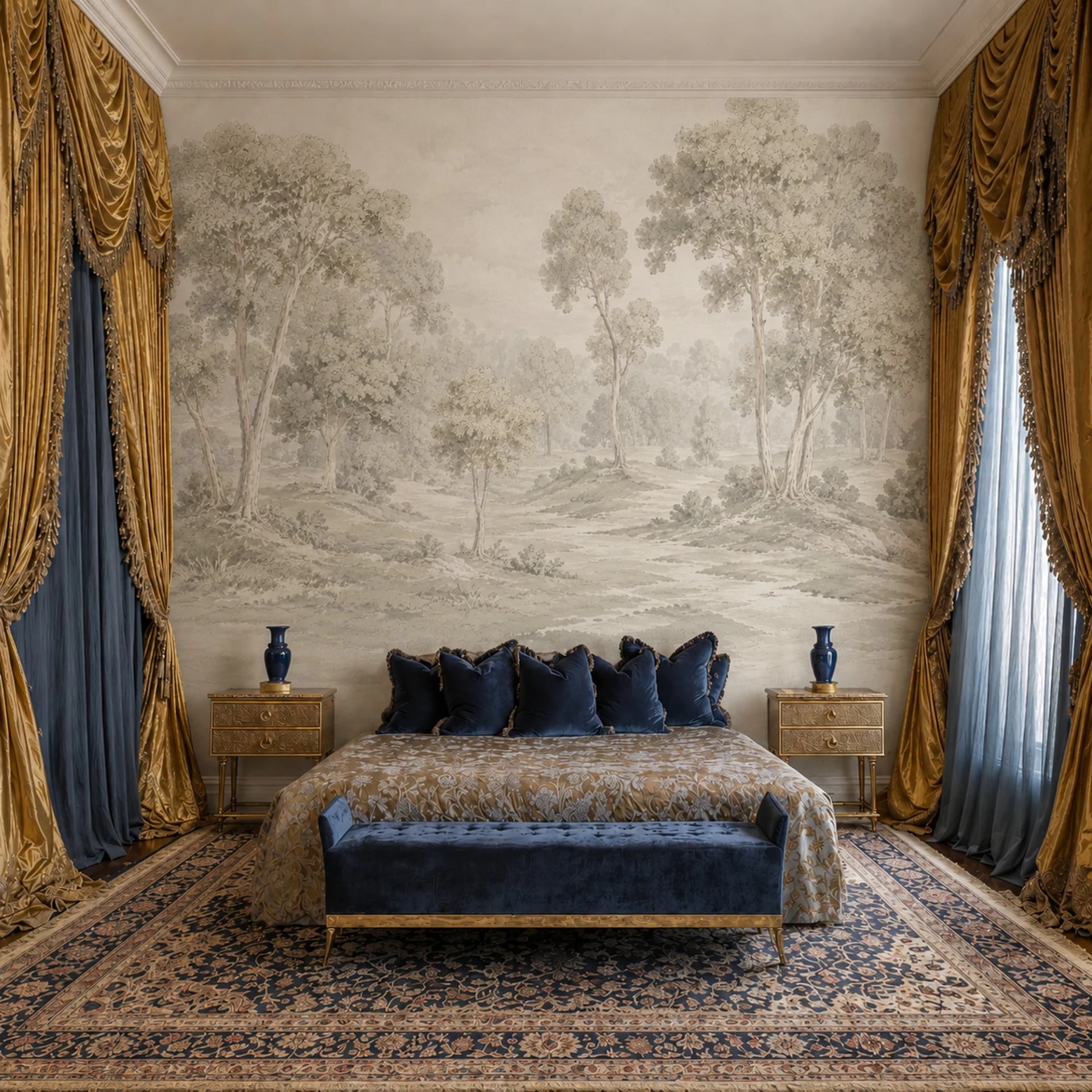 Papier peint panoramique Esquisse de bosquet pastoral présenté dans un intérieur décoré, vue 2