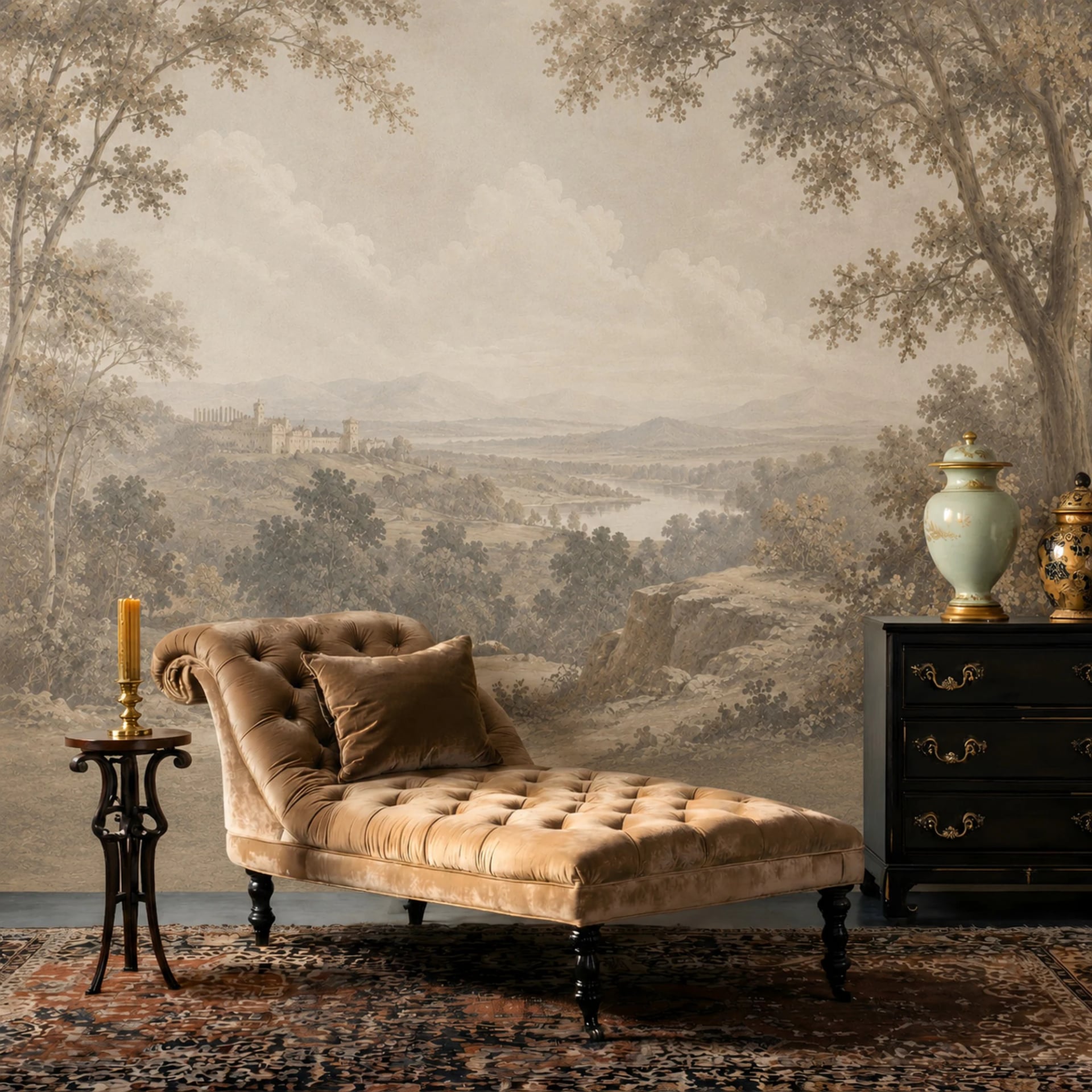 Papier peint panoramique Vue pastorale sur le château présenté dans un intérieur décoré, vue 2