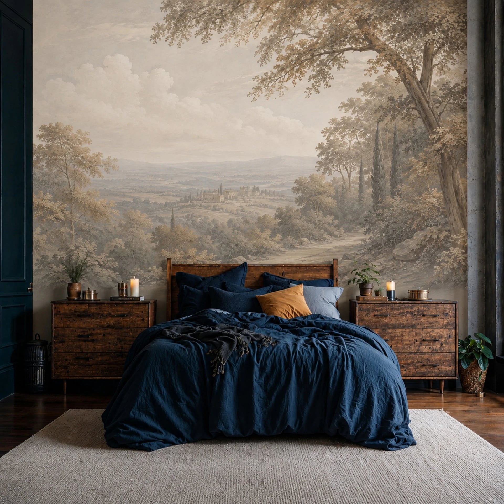 Tuscan Cypress Valley wall mural shown in a styled interior, view 1