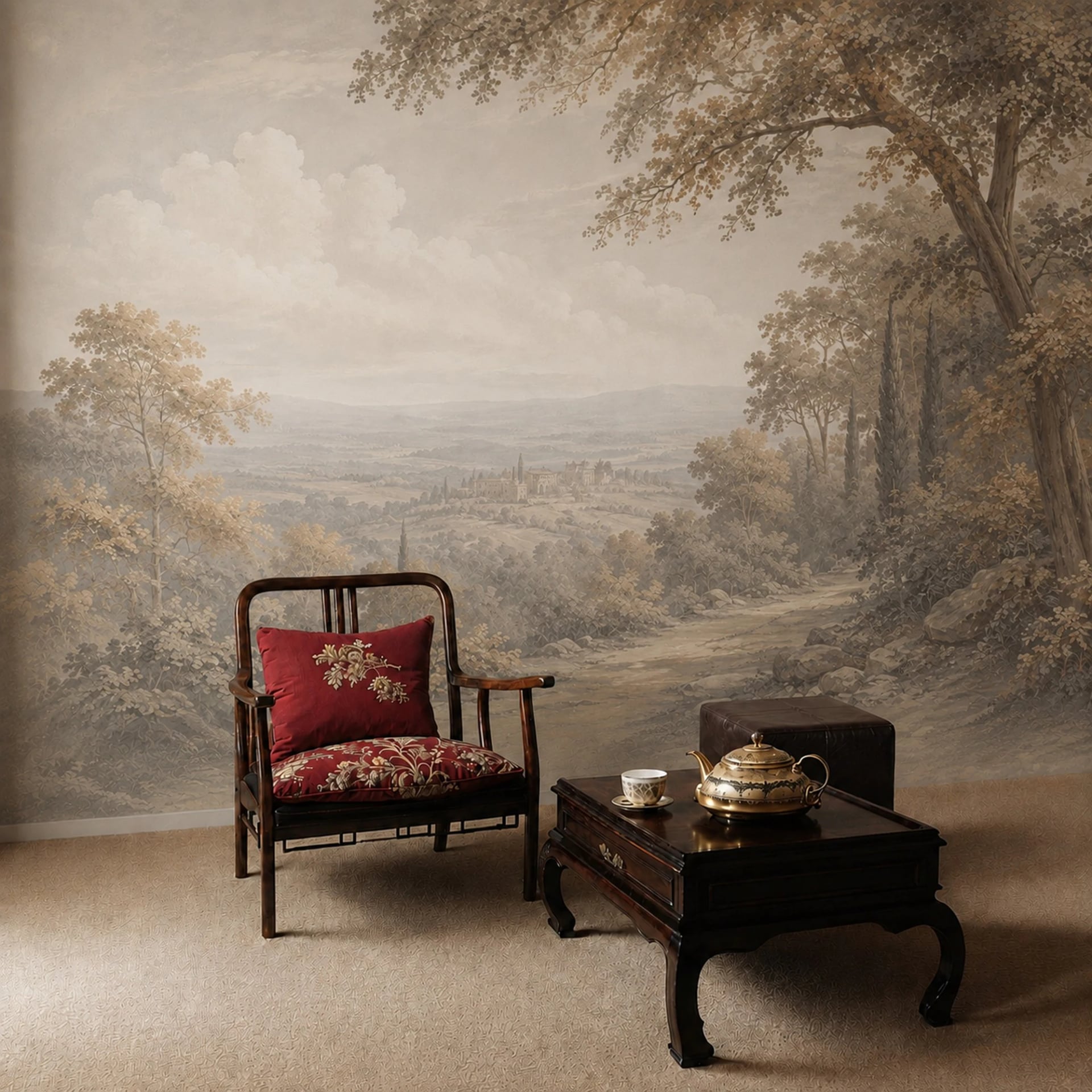Tuscan Cypress Valley wall mural shown in a styled interior, view 2