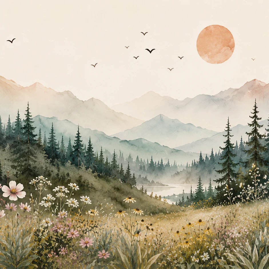 Close-up of the Wildflower Mountain Valley artwork at printed scale